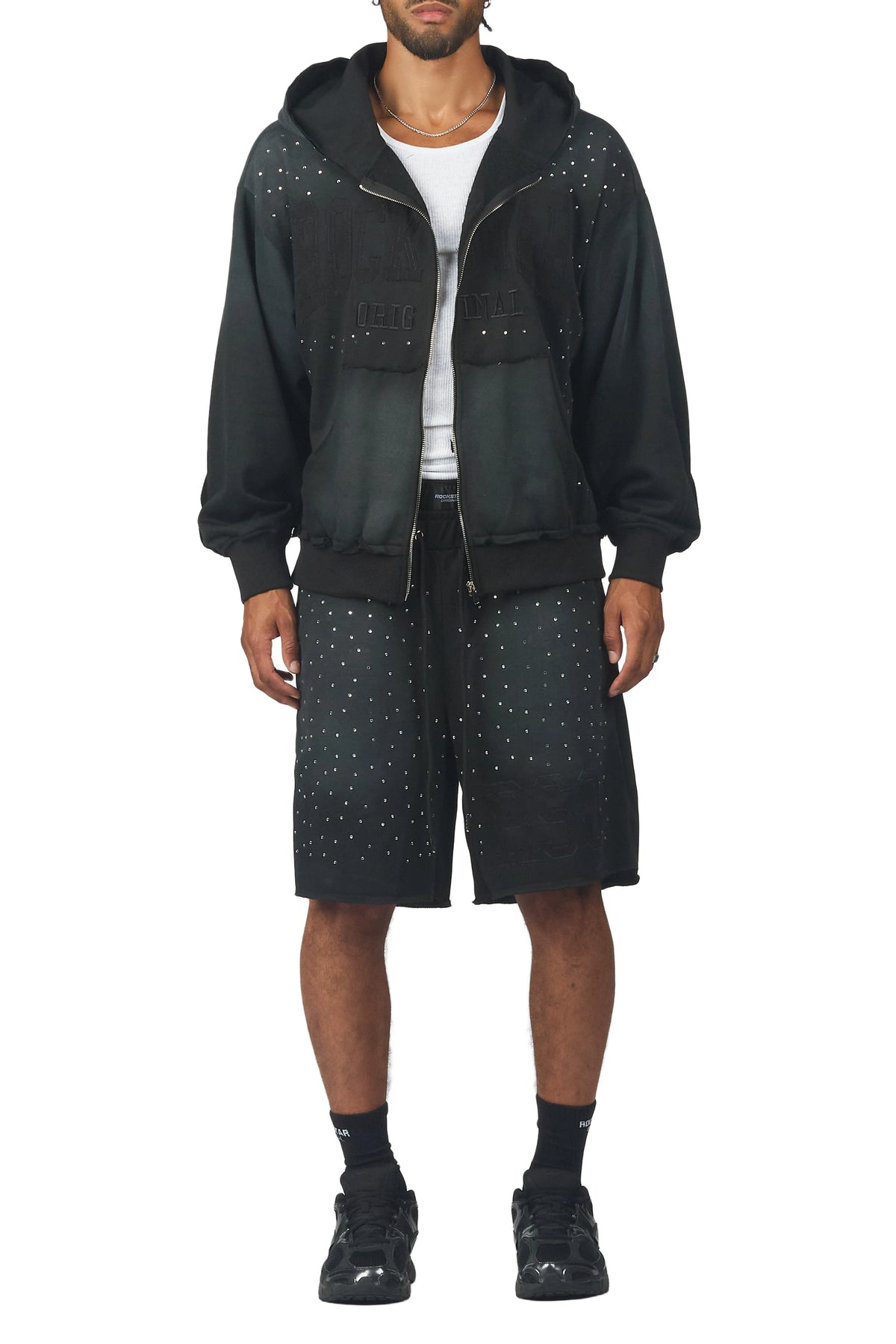 Akila Black Rhinestone Hoodie Double Waisted Short Set