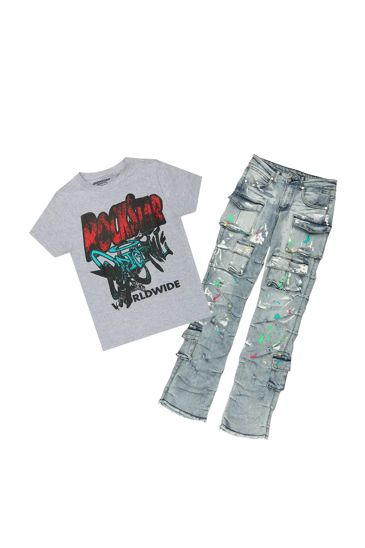 Boys Kelo Grey/Blue T-Shirt/Stacked Painter Jean Set
