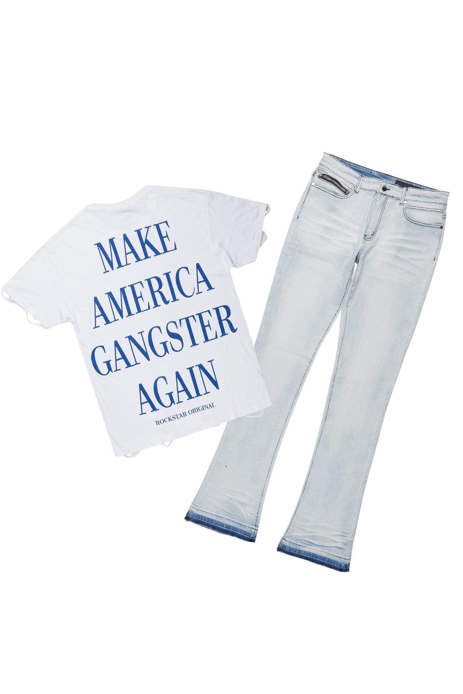 Drako White/Blue Oversized Graphic T-Shirt/Dag Stacked Flare Jean Set