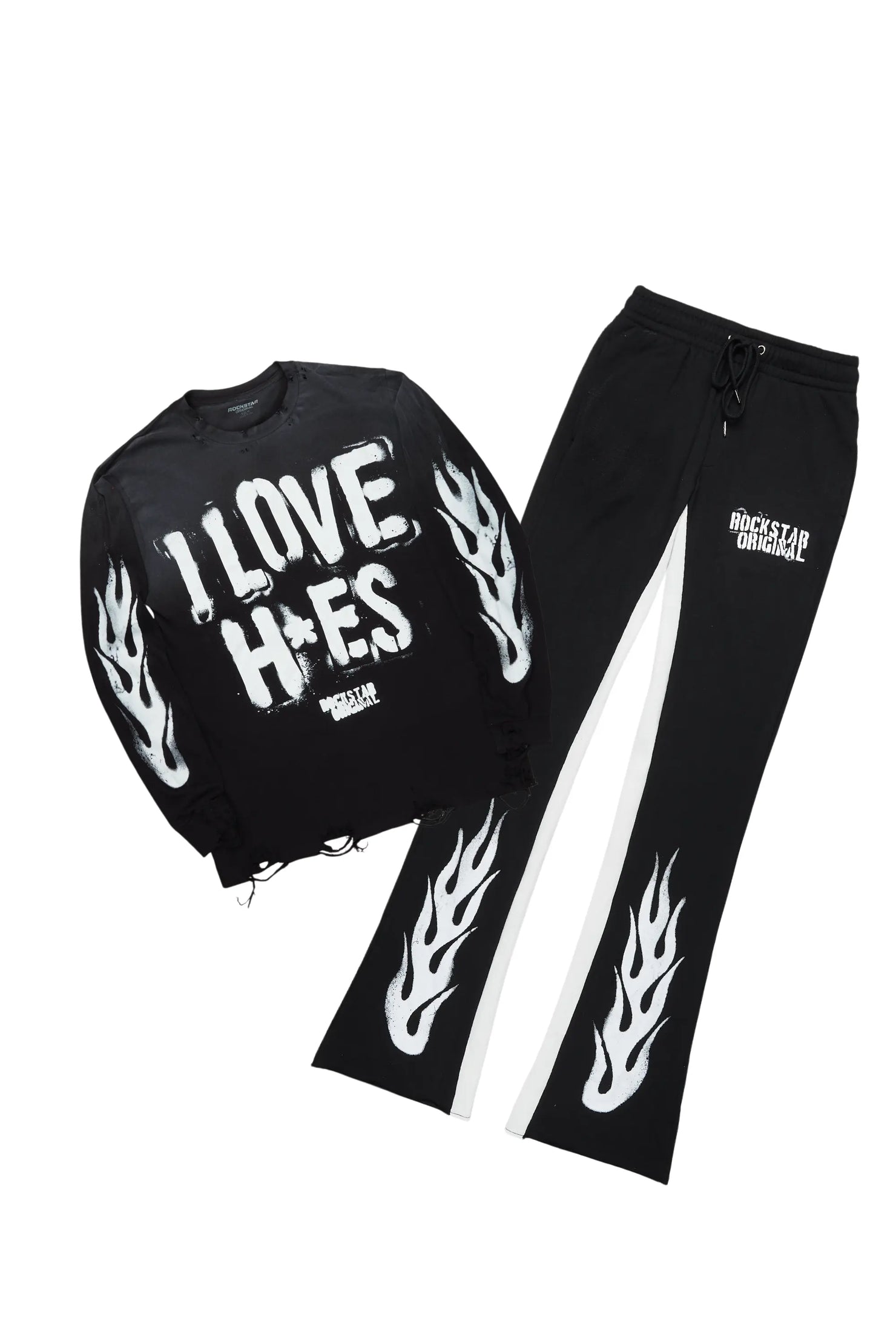 Banyan Black/White Long Sleeve T-Shirt/Stacked Baggy Track Pant Set