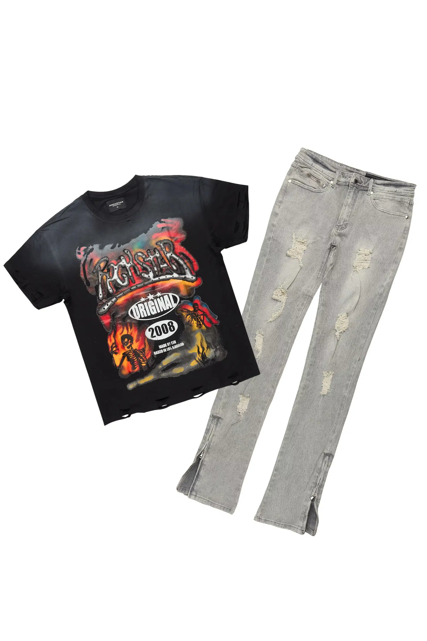 Farren Black Oversized Graphic T-Shirt/Stacked Flare Jean Bundle