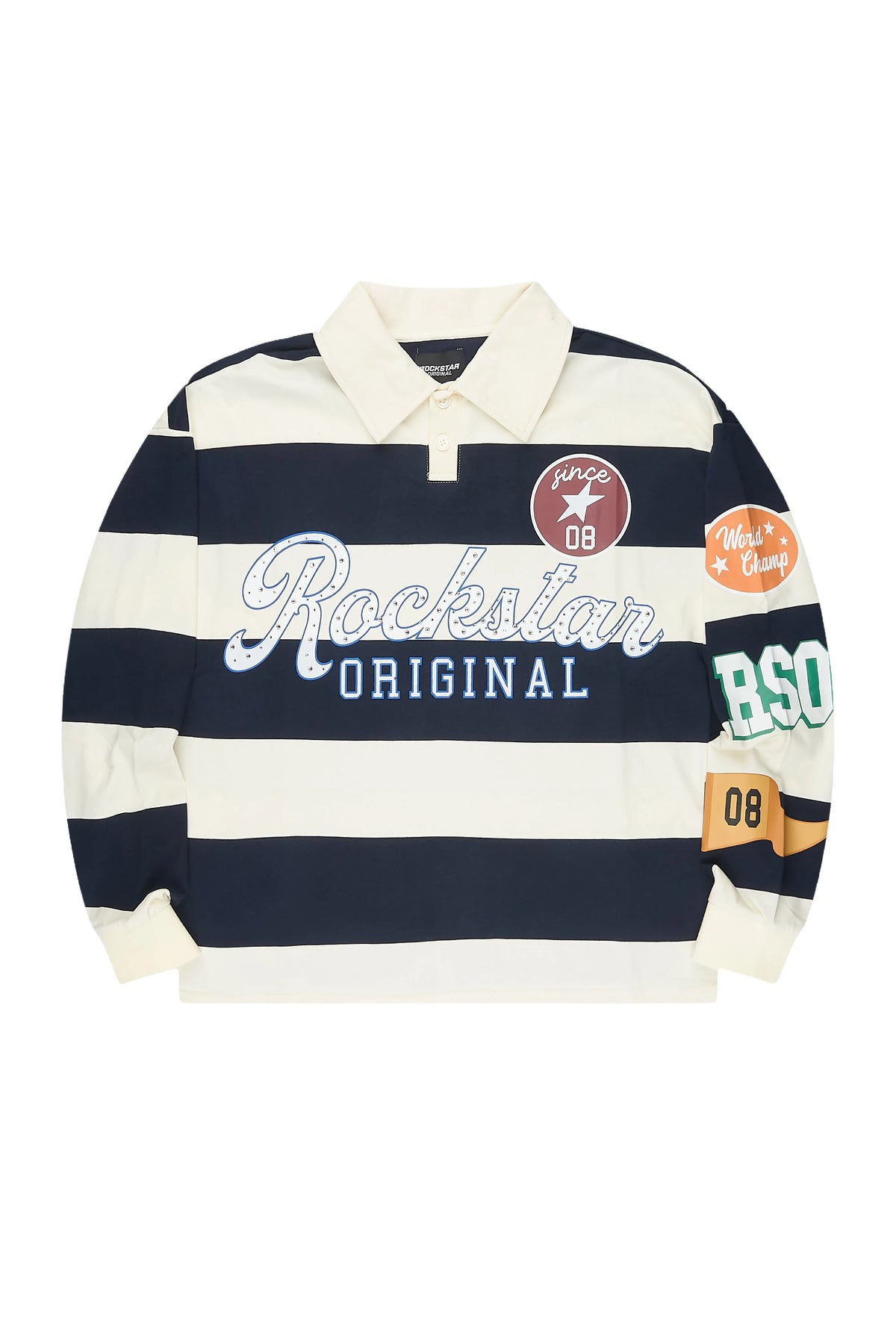Prismo Navy/Cream Rhinestone Long Sleeve Polo Shirt
