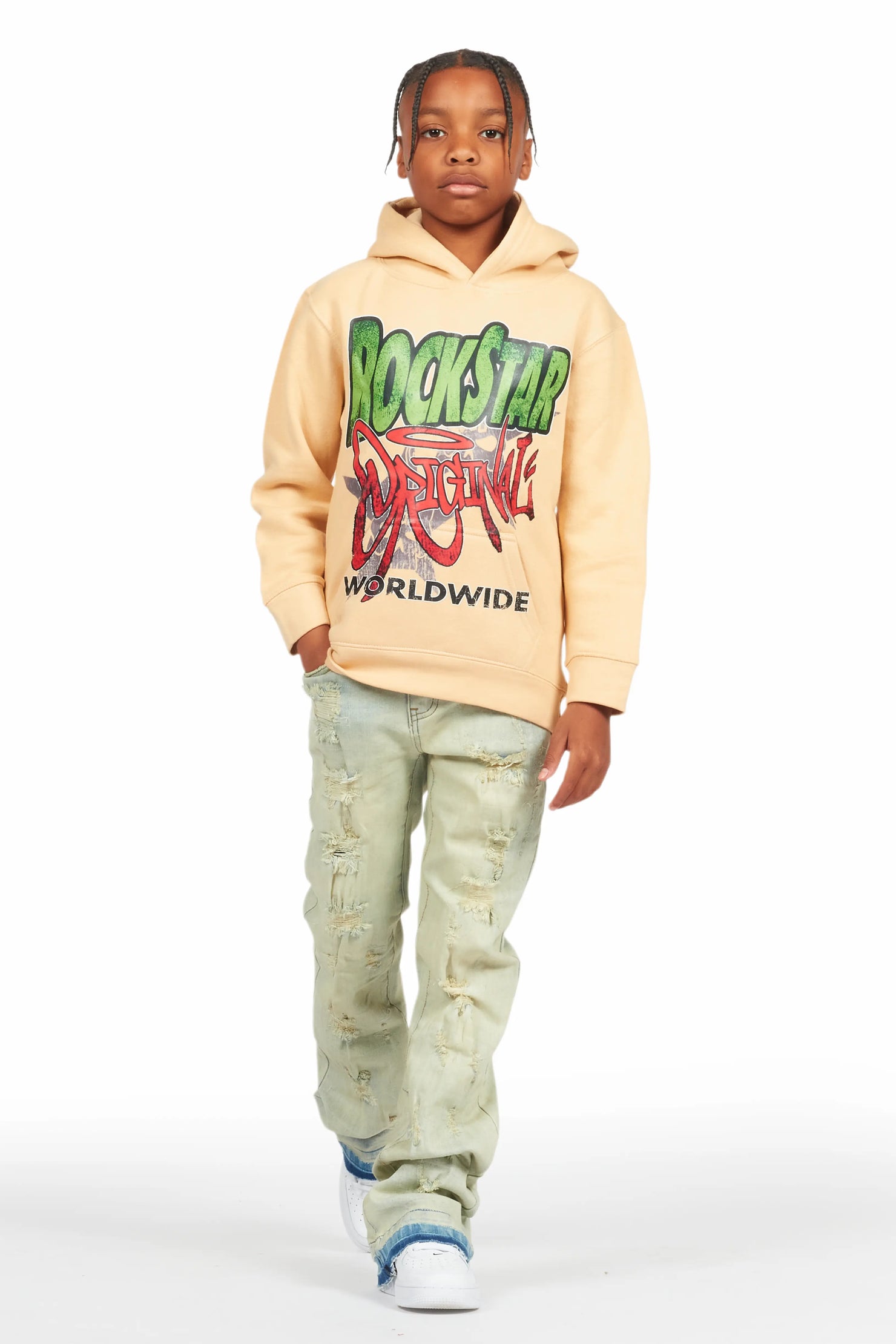 Boys Kait Beige Hoodie/Stacked Flare Jean Set