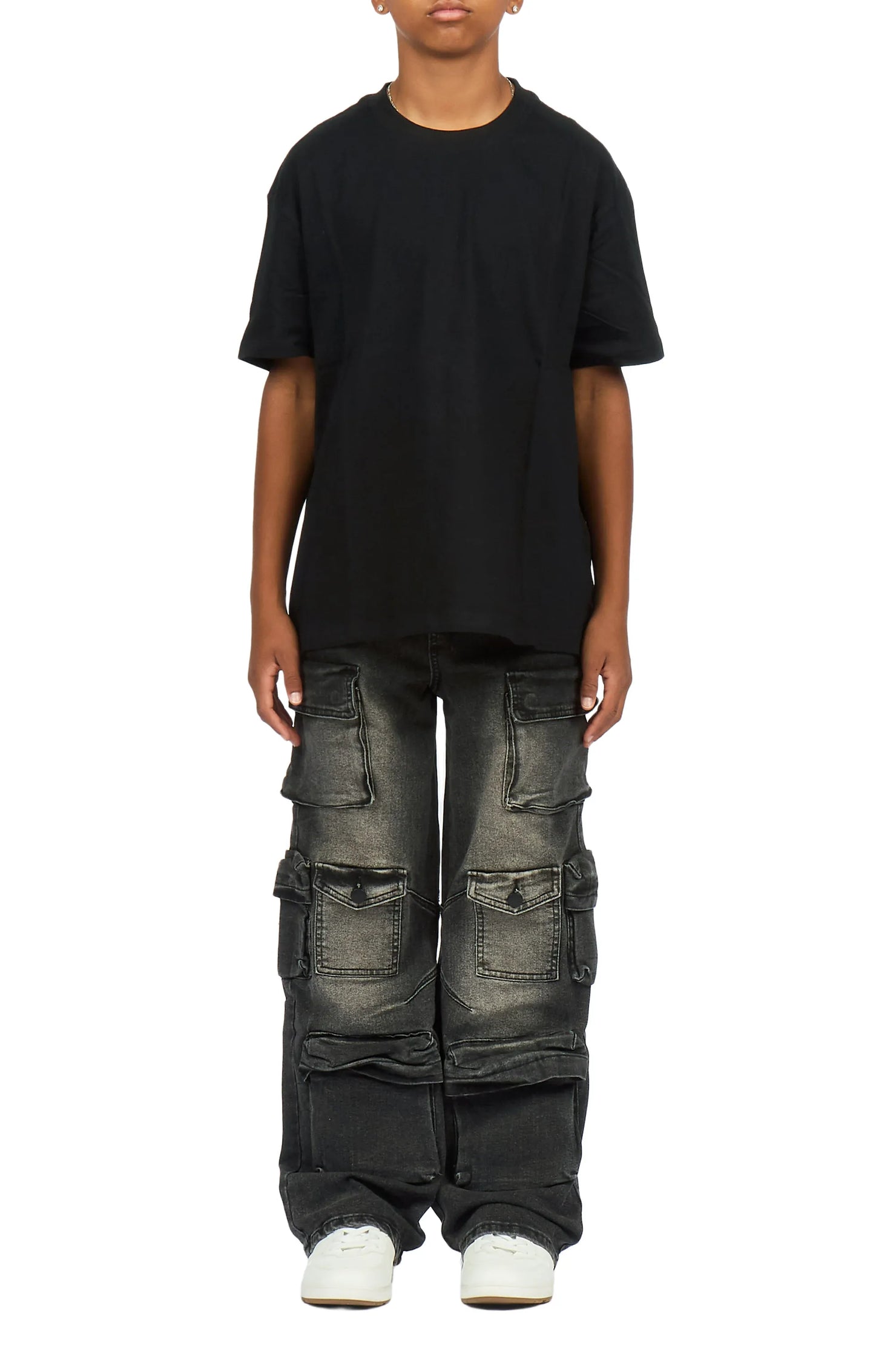 Boys Mahesh Dark Grey Tint Wash  Baggy Cargo Jean