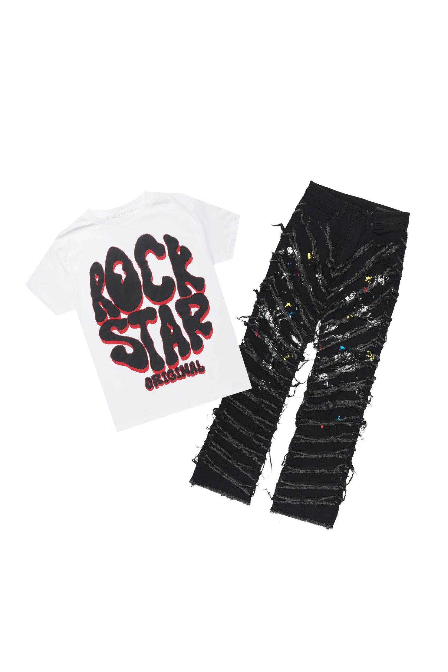 Boys Brachy White/Black T-Shirt/Stacked Painter Jean Set