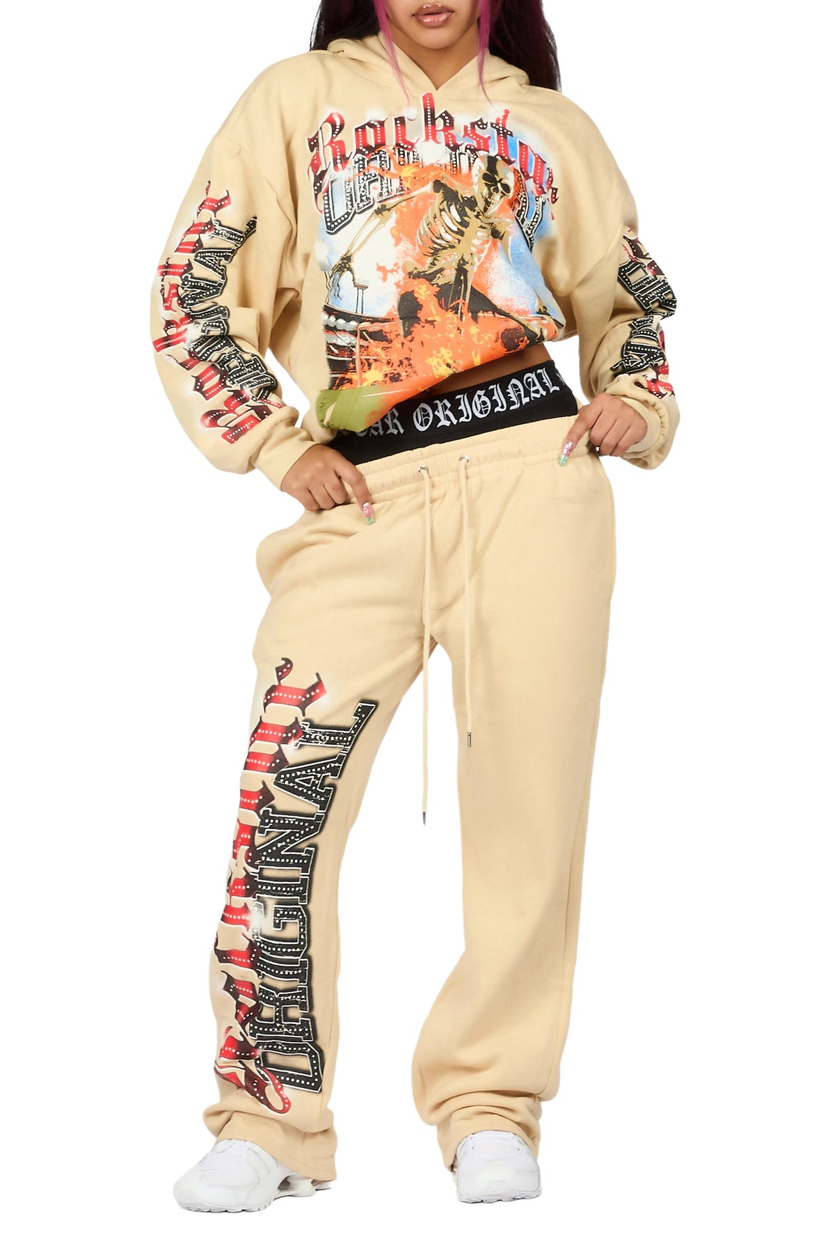 Zarina Beige Graphic Baggy Fit Track Set