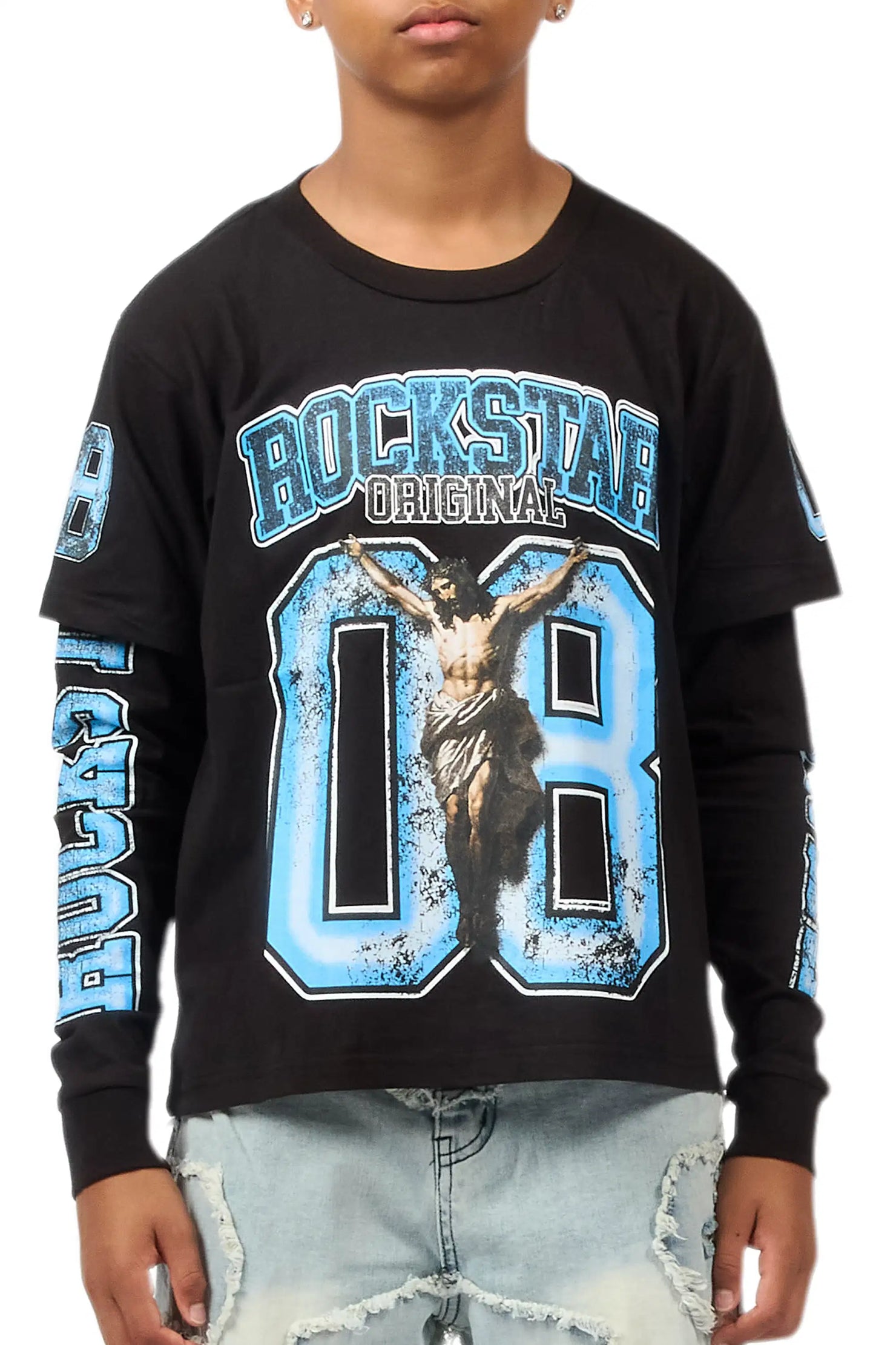Boys Fields Black/Blue Double Layer L/S Graphic T-Shirt