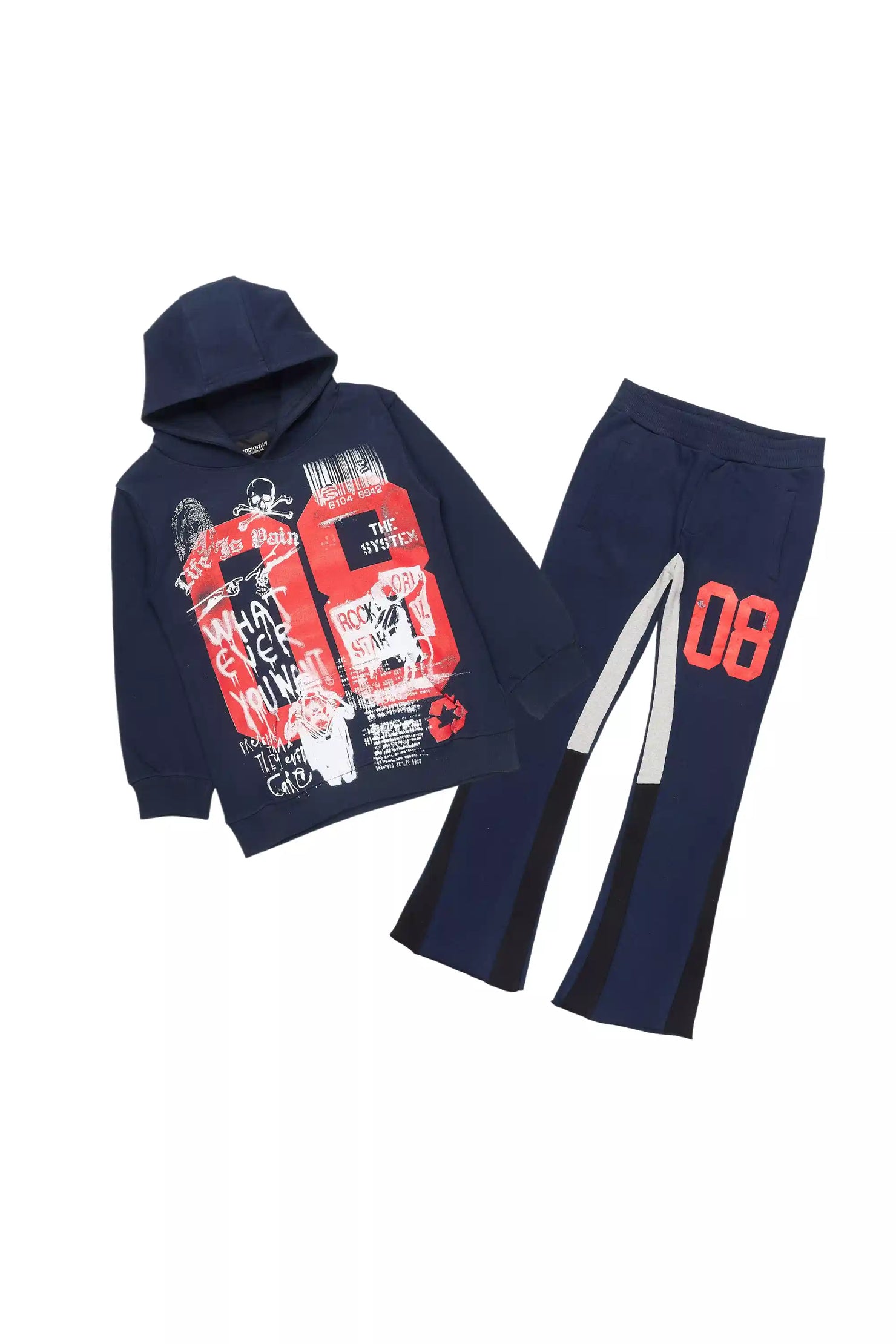 Boys Beau Navy/Red Hoodie Stacked Flare Track Set