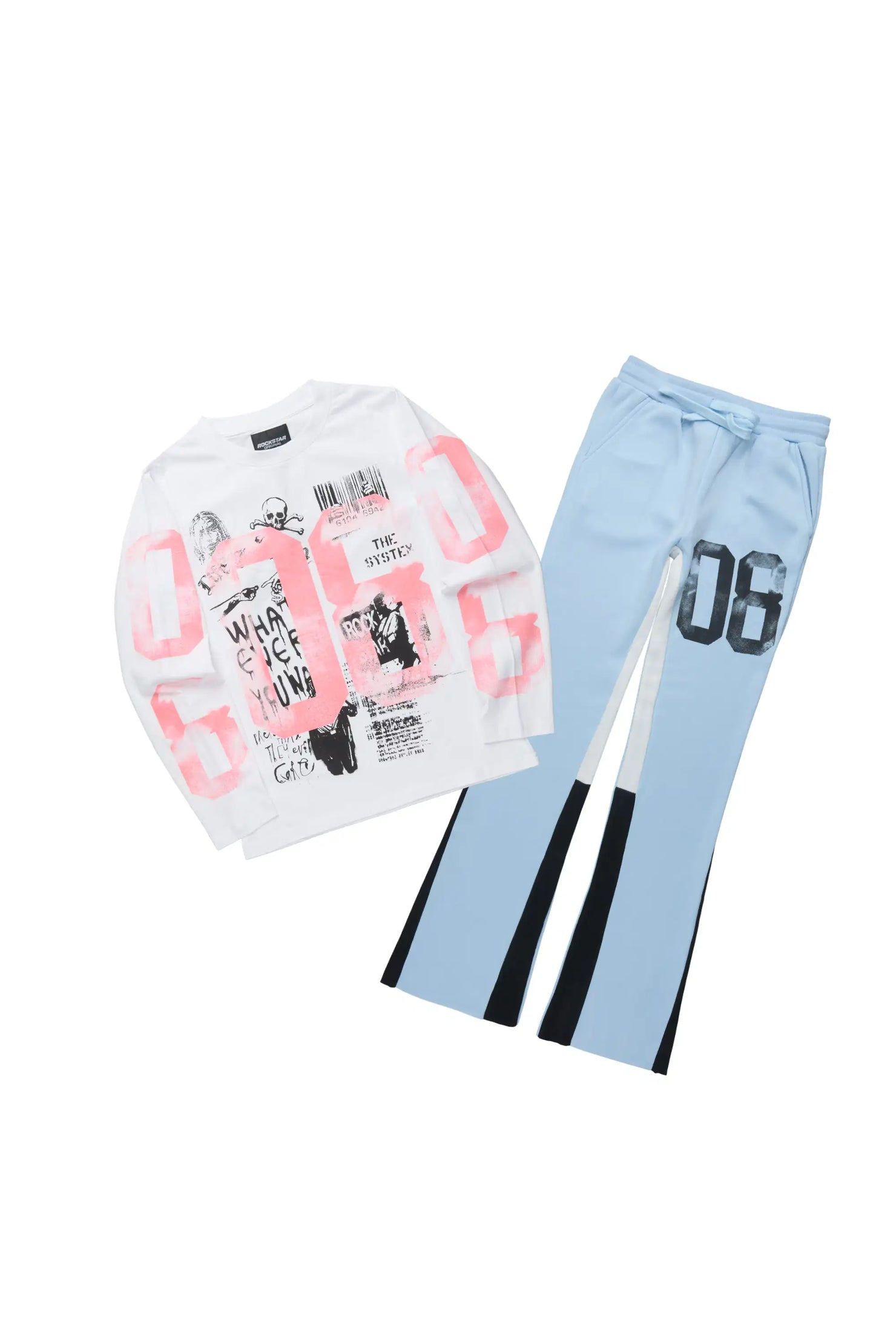Girls Kammy White/Baby Blue L/S Graphic T-Shirt Track Set