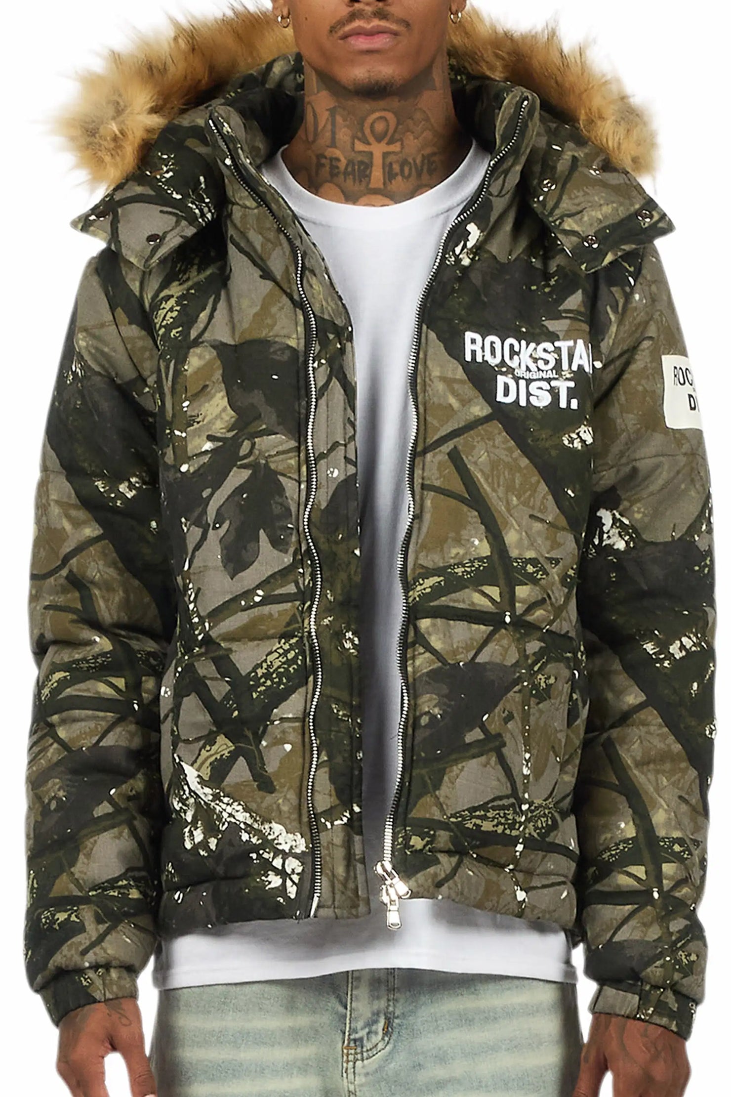 Bevis Camo Puffer Jacket With Faux Fur Hood