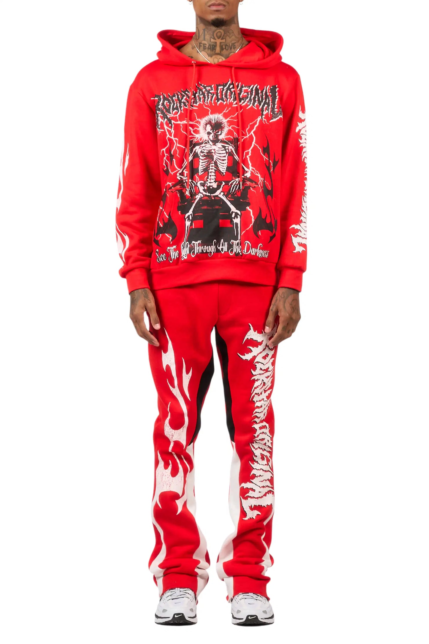 Deathrow Red/White Hoodie/Stacked Track Pant Set