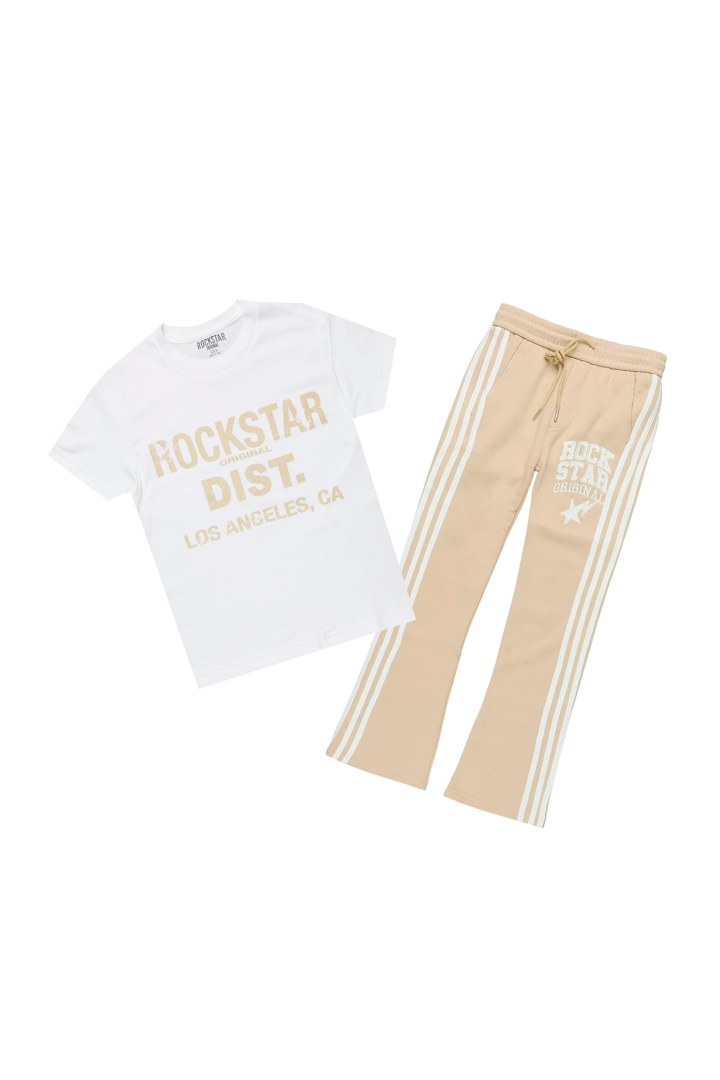 Boys Korrit White/Beige T-Shirt Stacked Pant Set