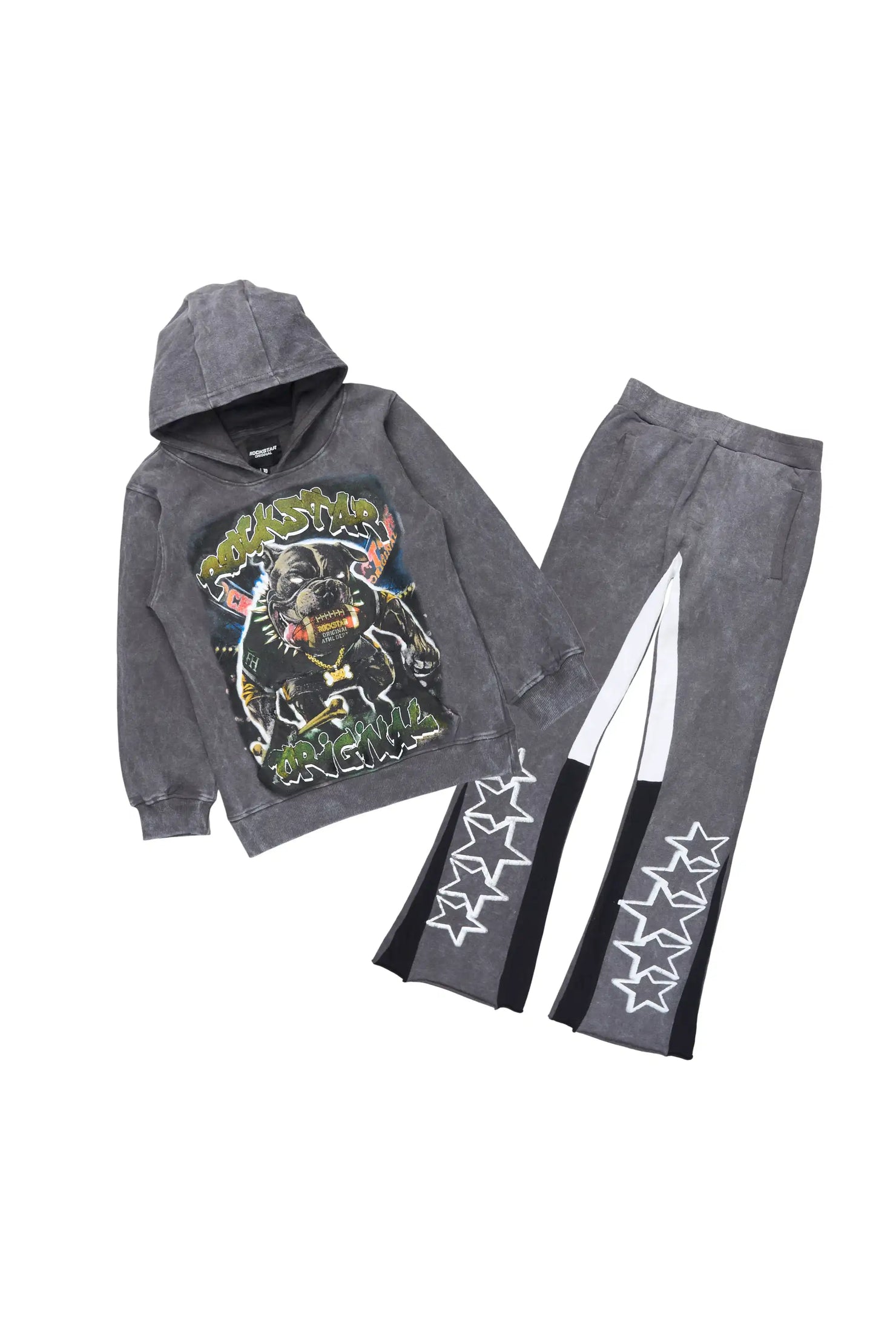 Boys Brayix Vintage Grey/White Hoodie/Stacked Flare Track Set