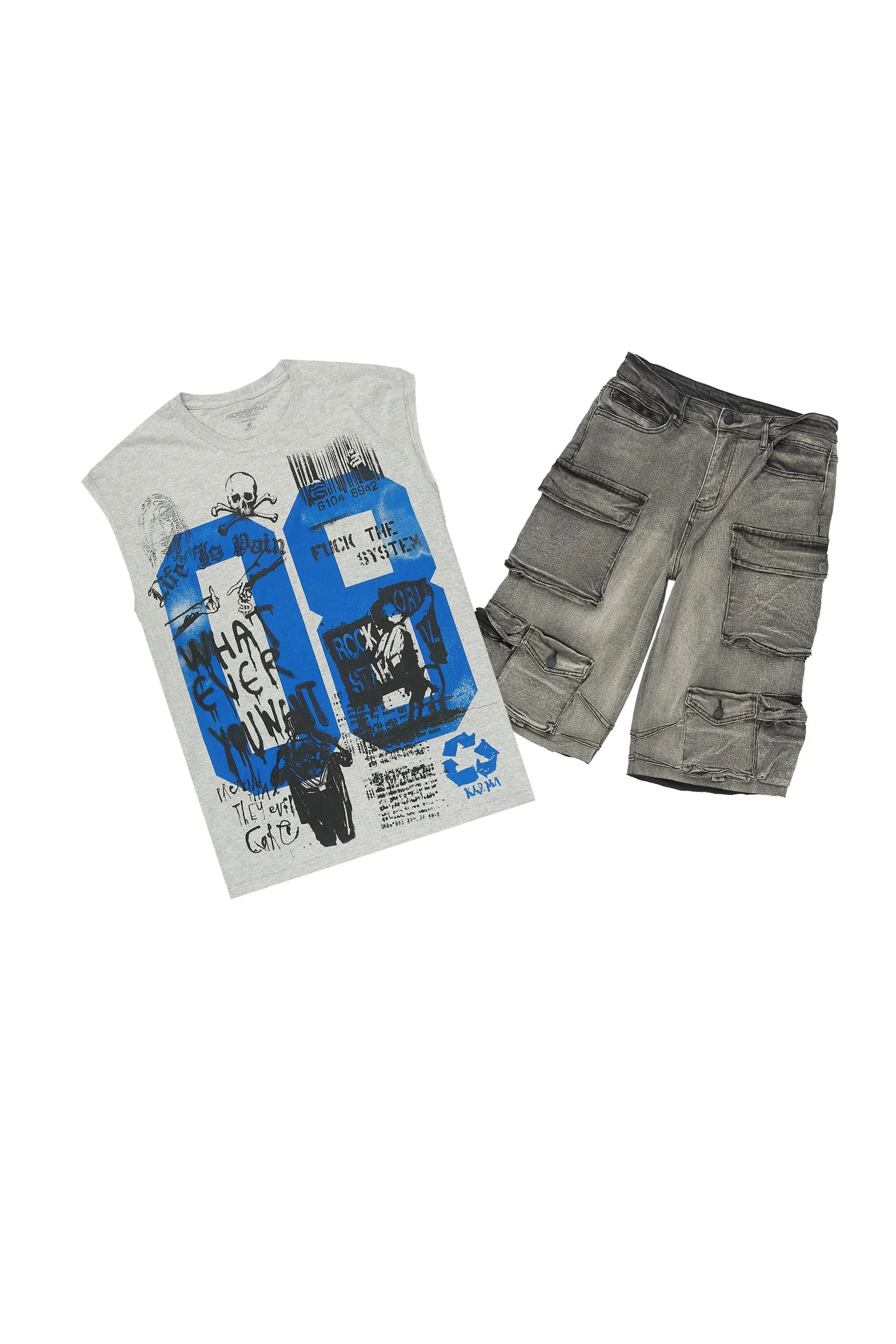 Grill 3.0 Heather Grey/Grey Oversized Graphic T-Shirt & Mahesh Baggy Cargo Jean Short