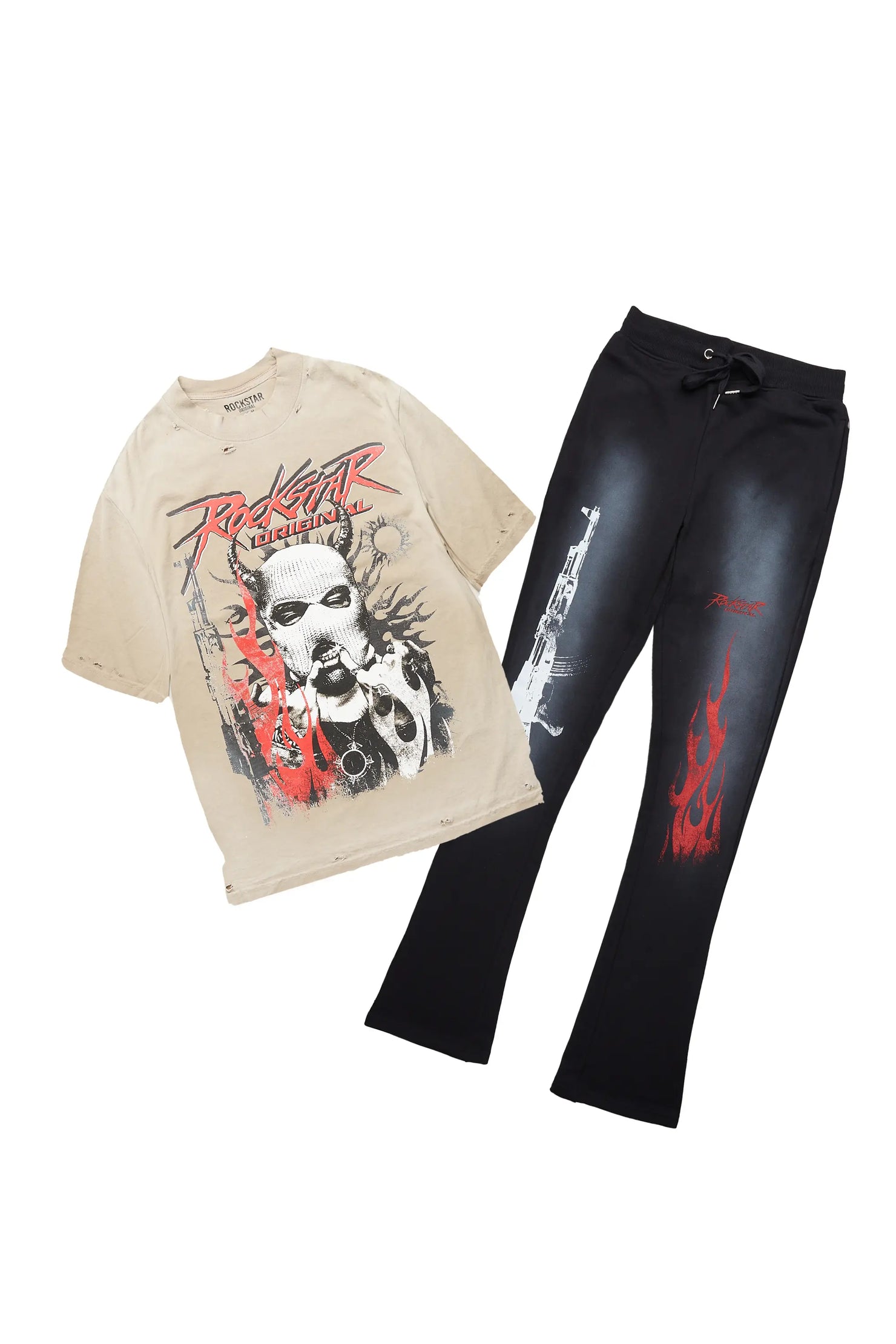 Mercy Beige/Black Oversized T-Shirt/ Stacked Flare Track Pant Set