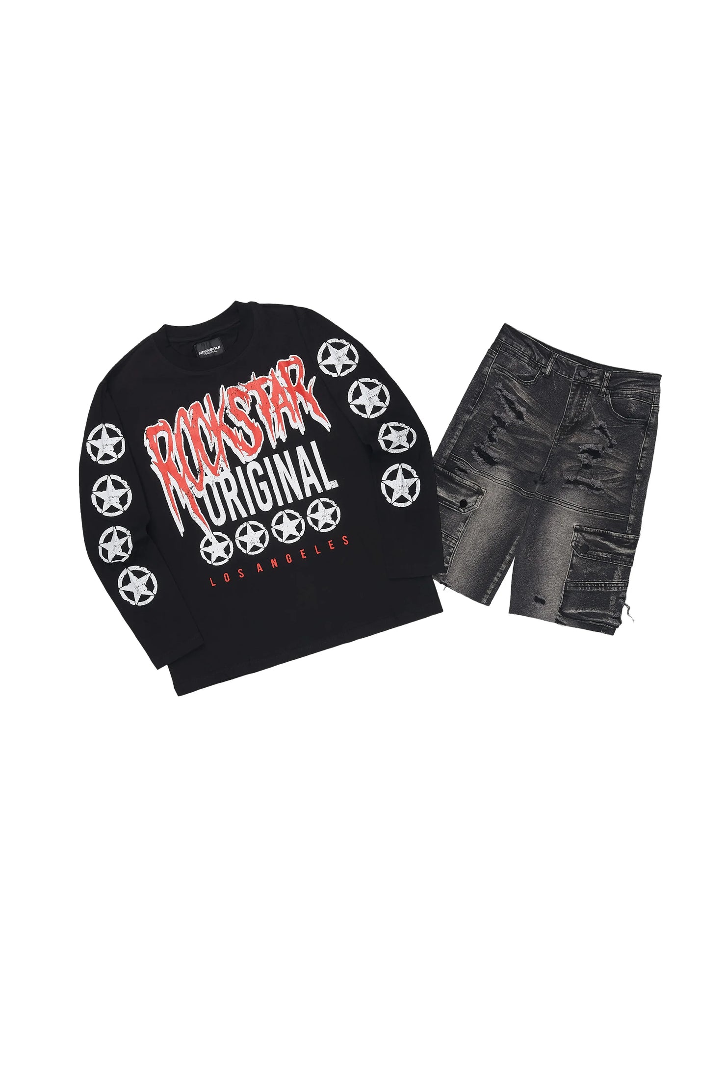 Boys Wizzlor Black Long Sleeve T-Shirt Denim Short Set