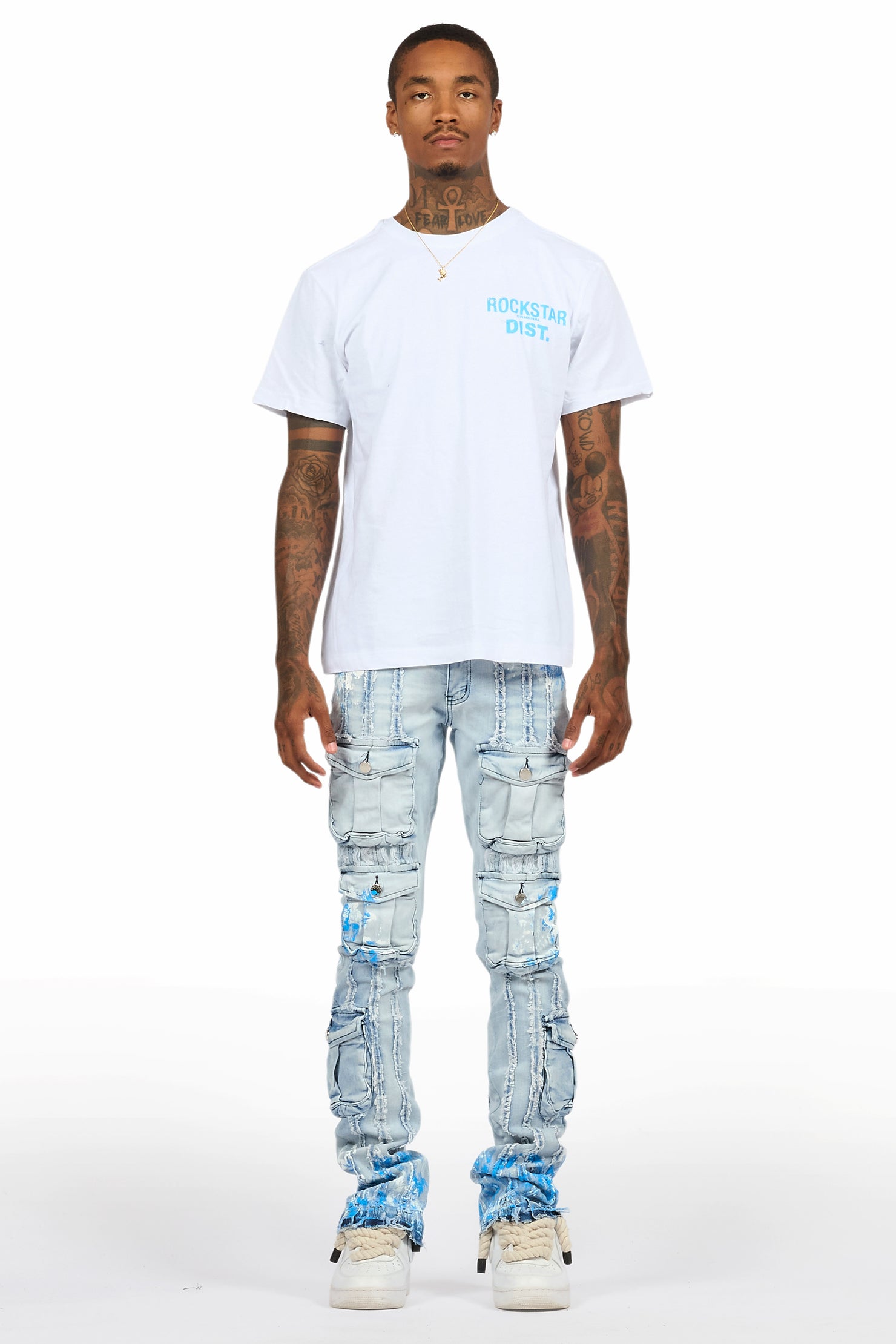 Quentin White/Blue T-Shirt/Stacked Flare Jean Set