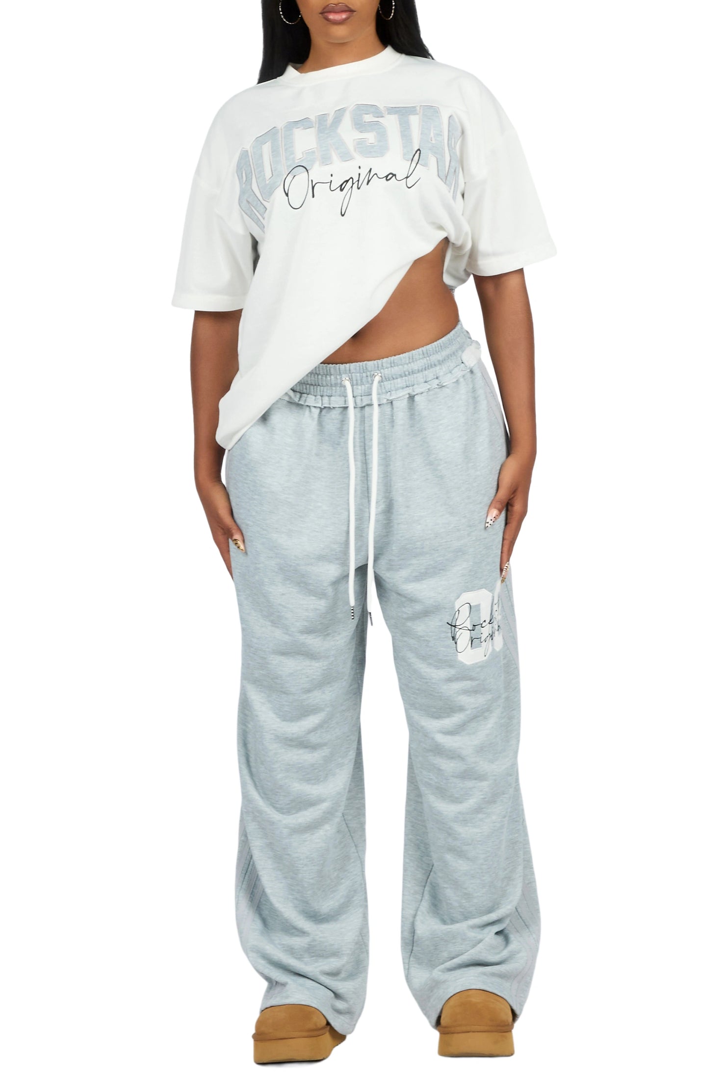 Cheyane White/Grey French Terry Chenille Tee/ French Terry Relaxed Track Set