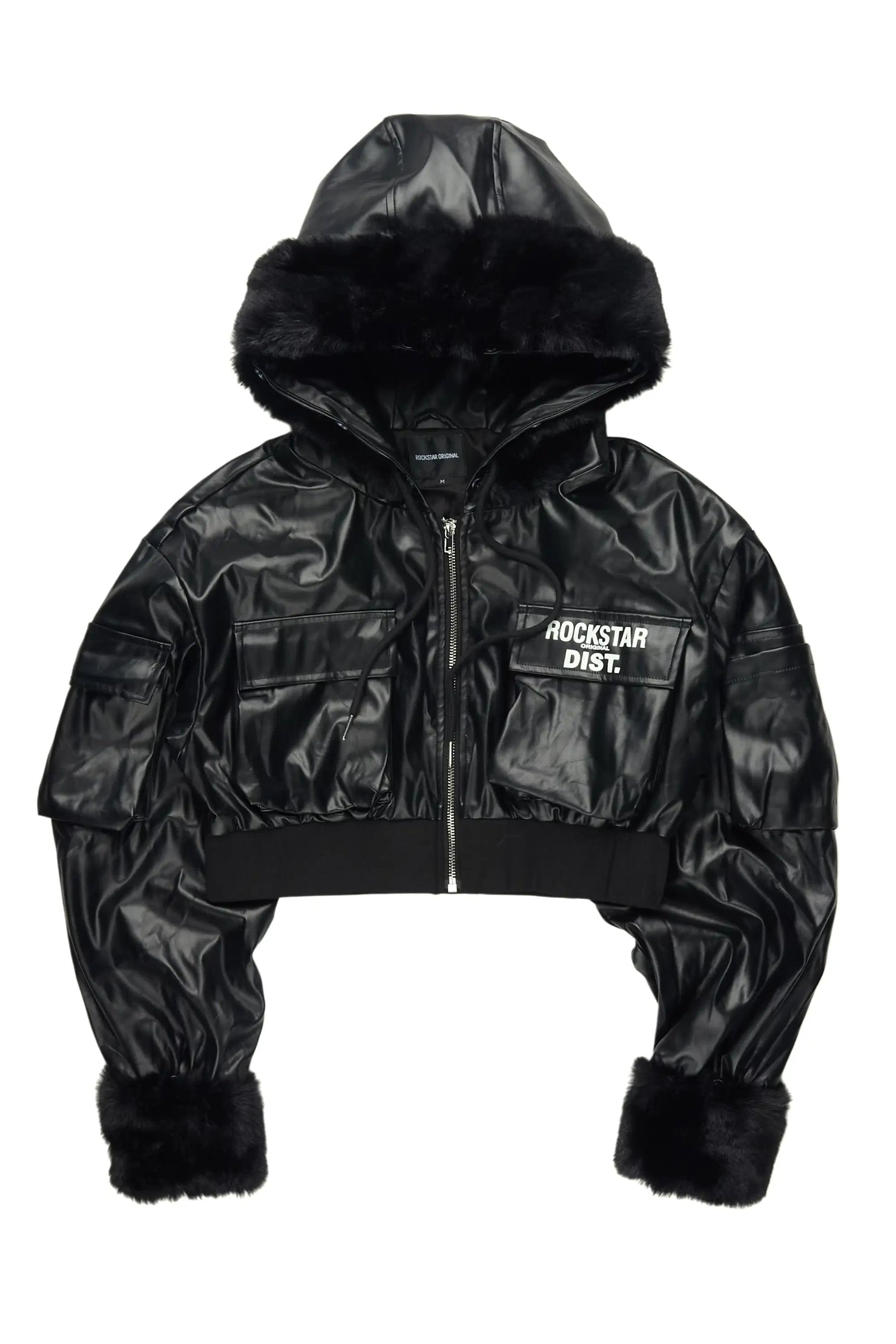 Amyia Black PU Jacket With Fur Hood