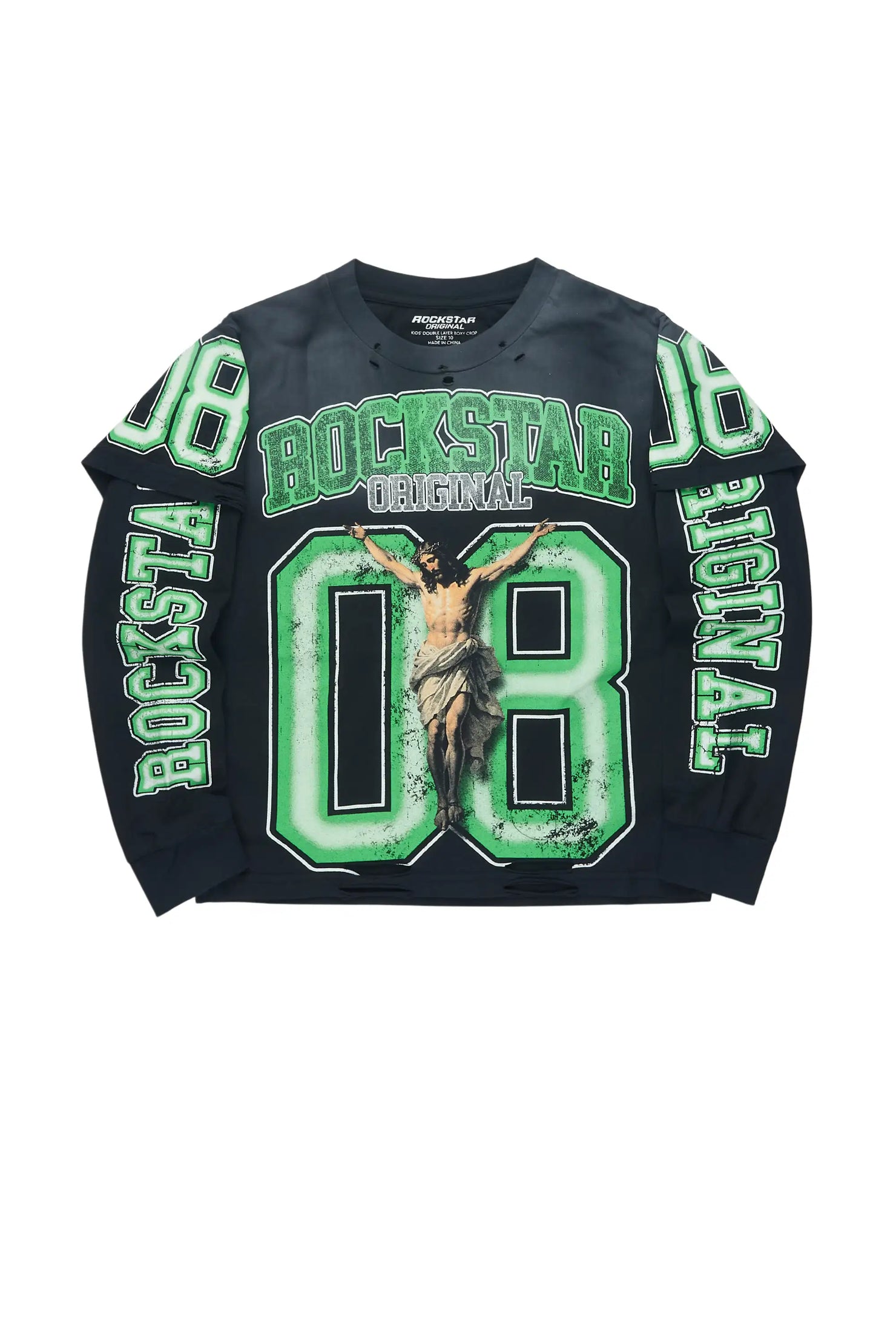 Boys Fields Black/Green Double Layer L/S Graphic T-Shirt