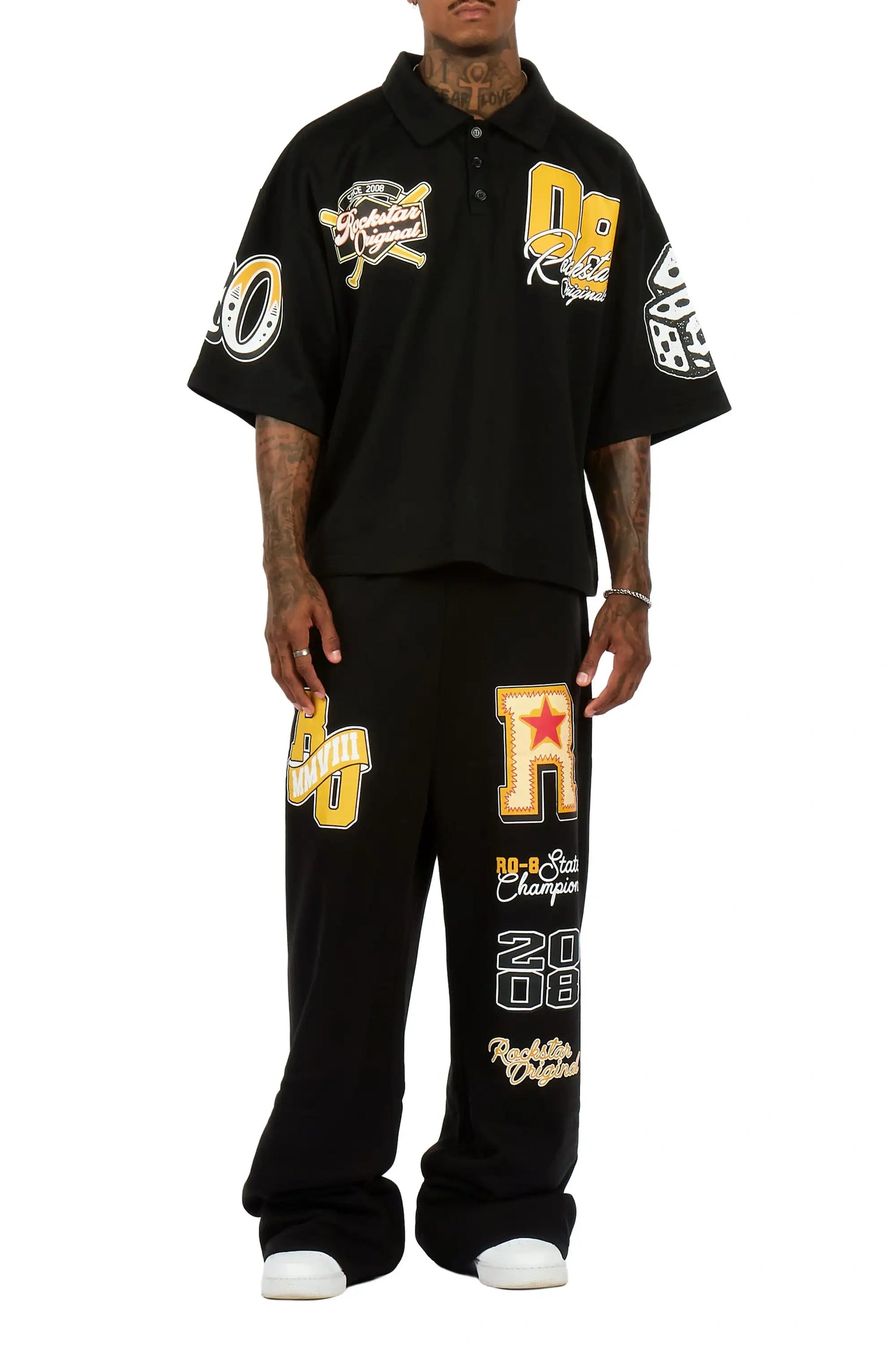 Forbidden Black Crop Boxy Polo/Fleece Baggy Track Set