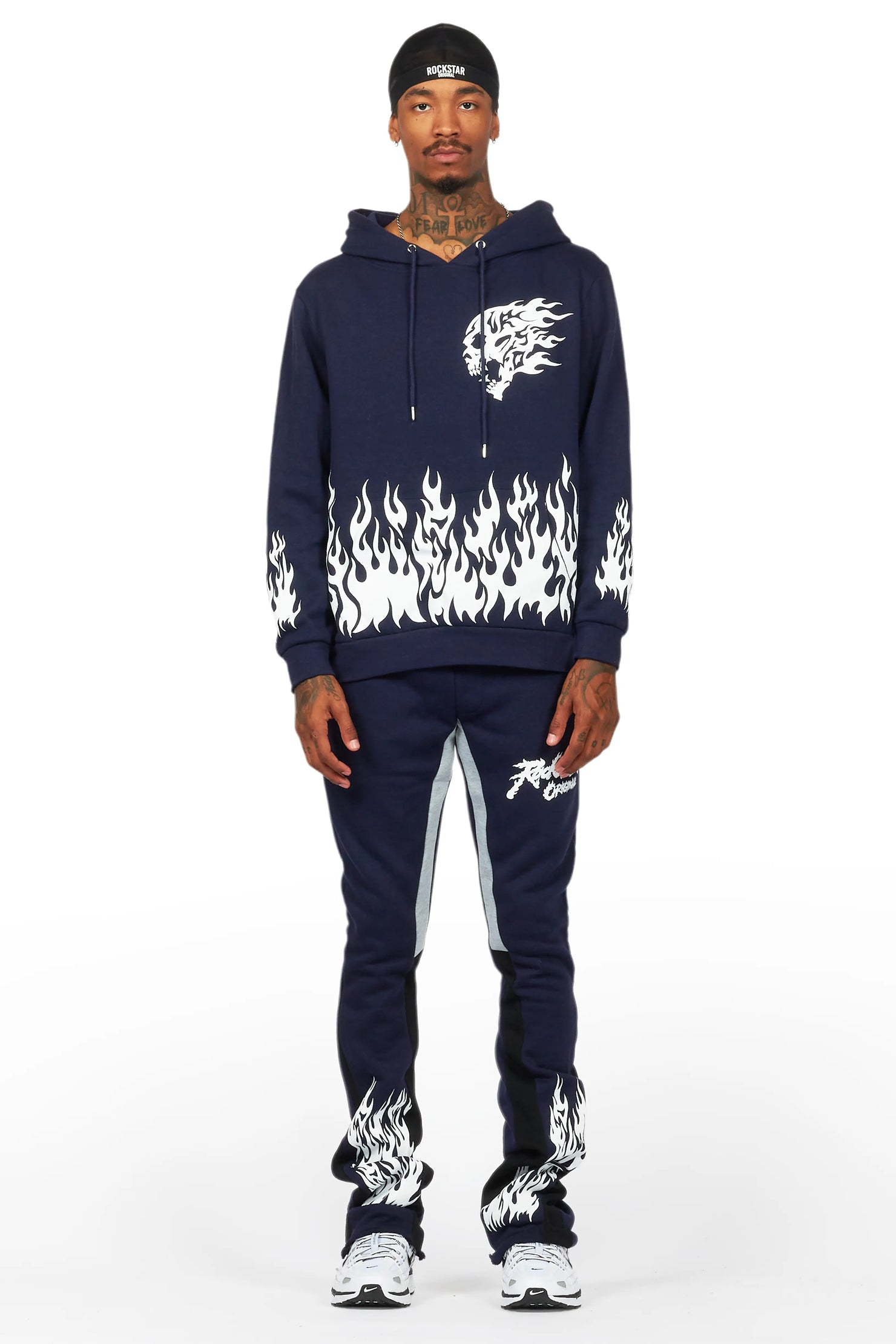 Bubble Navy Stacked Flare Hoodie Track Set