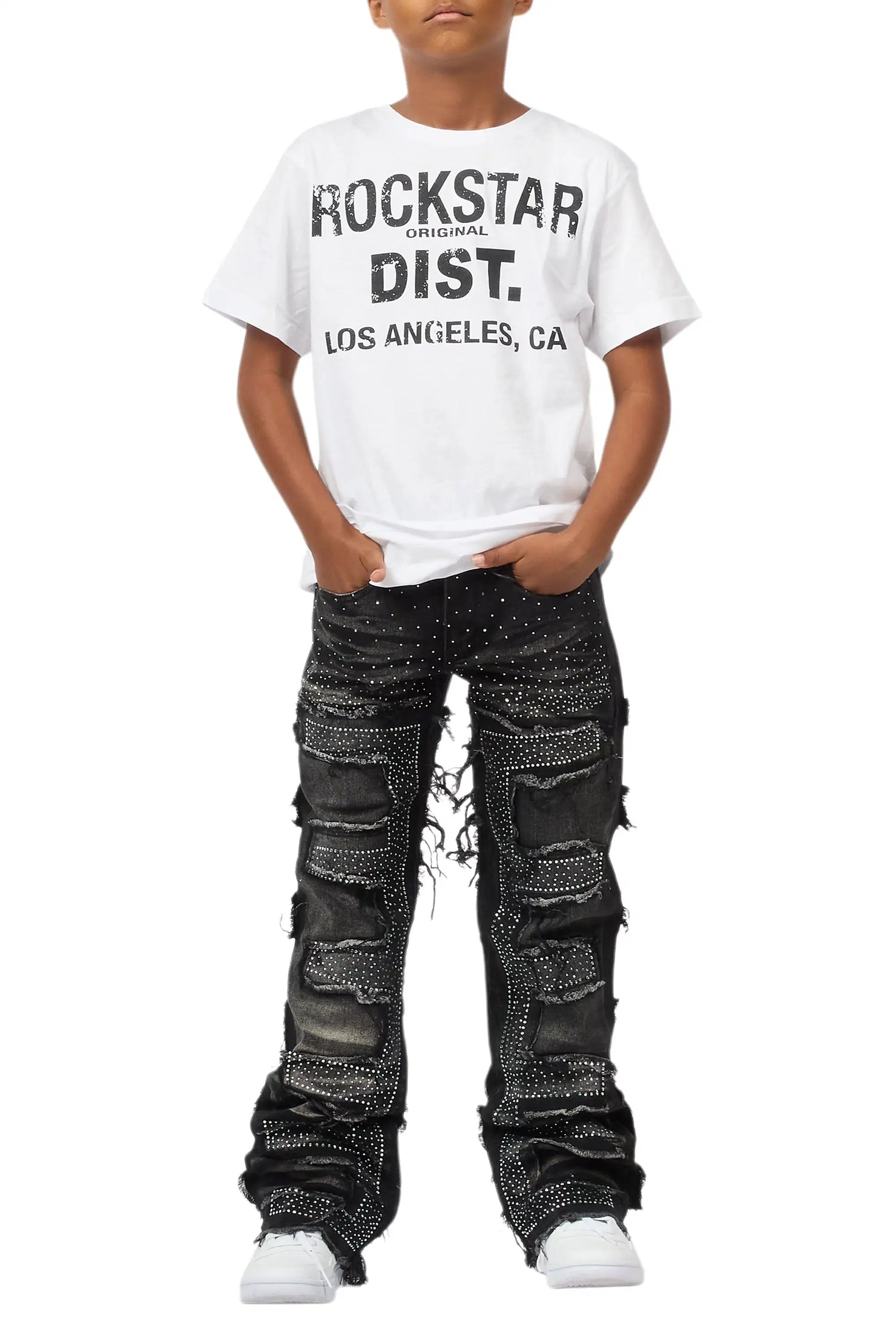 Boys Shake Dark Grey Rhinestone Stacked Flare Jean