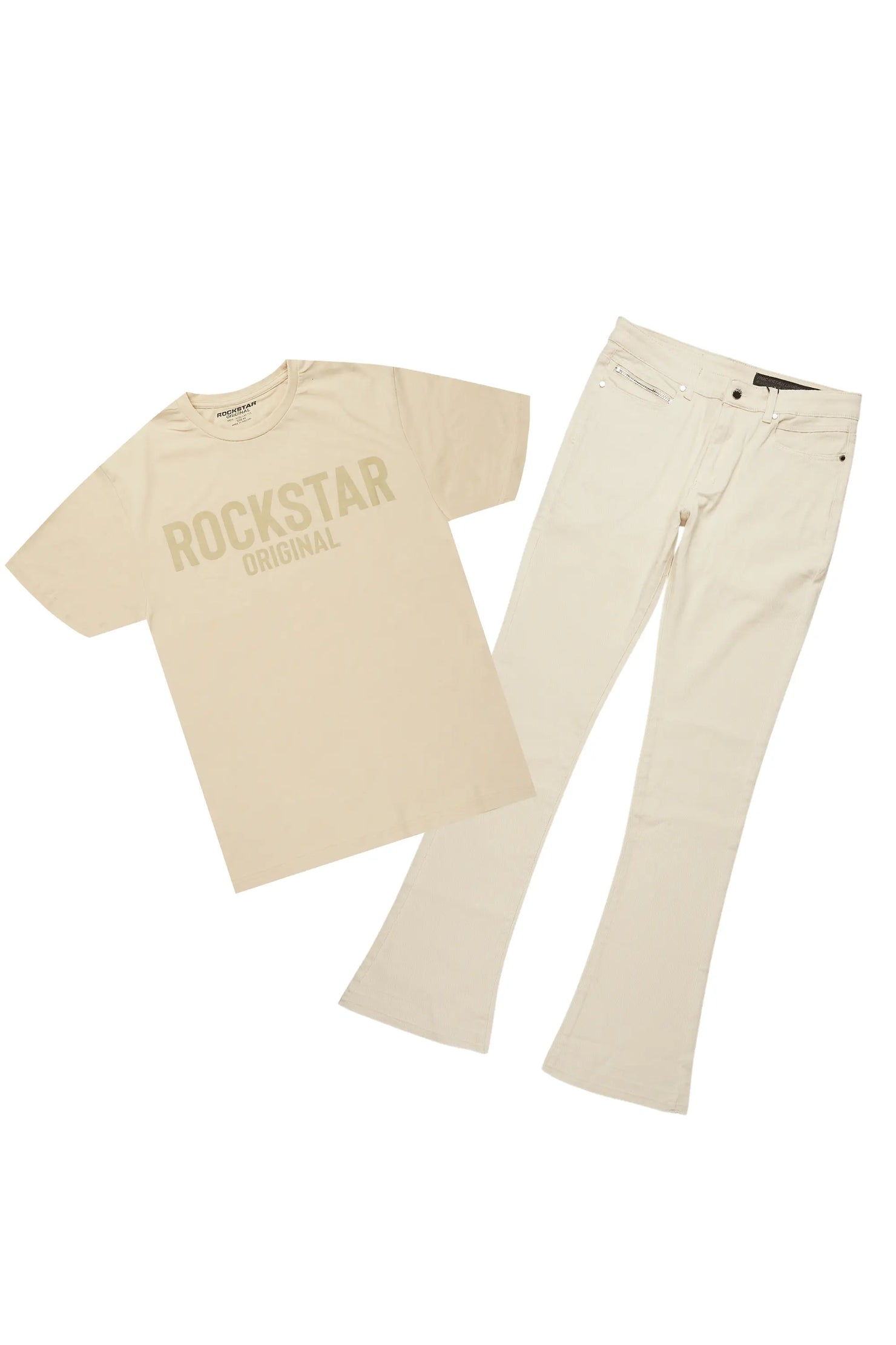 Sana Sand/Beige T-Shirt/Dag Stacked Flare Jean Set