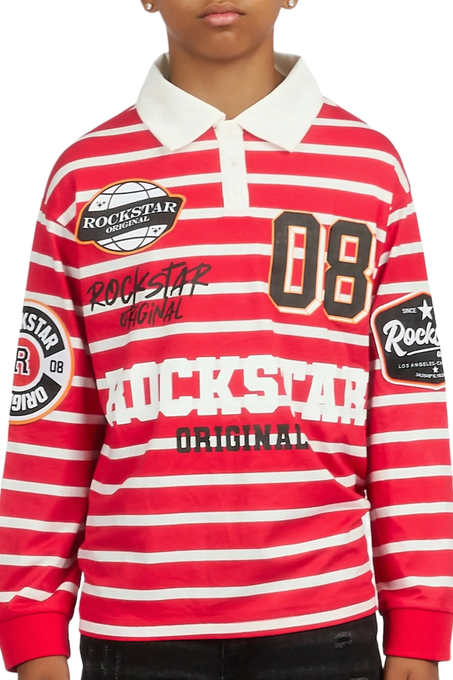 Boys Genis Red/White Long Sleeve Polo