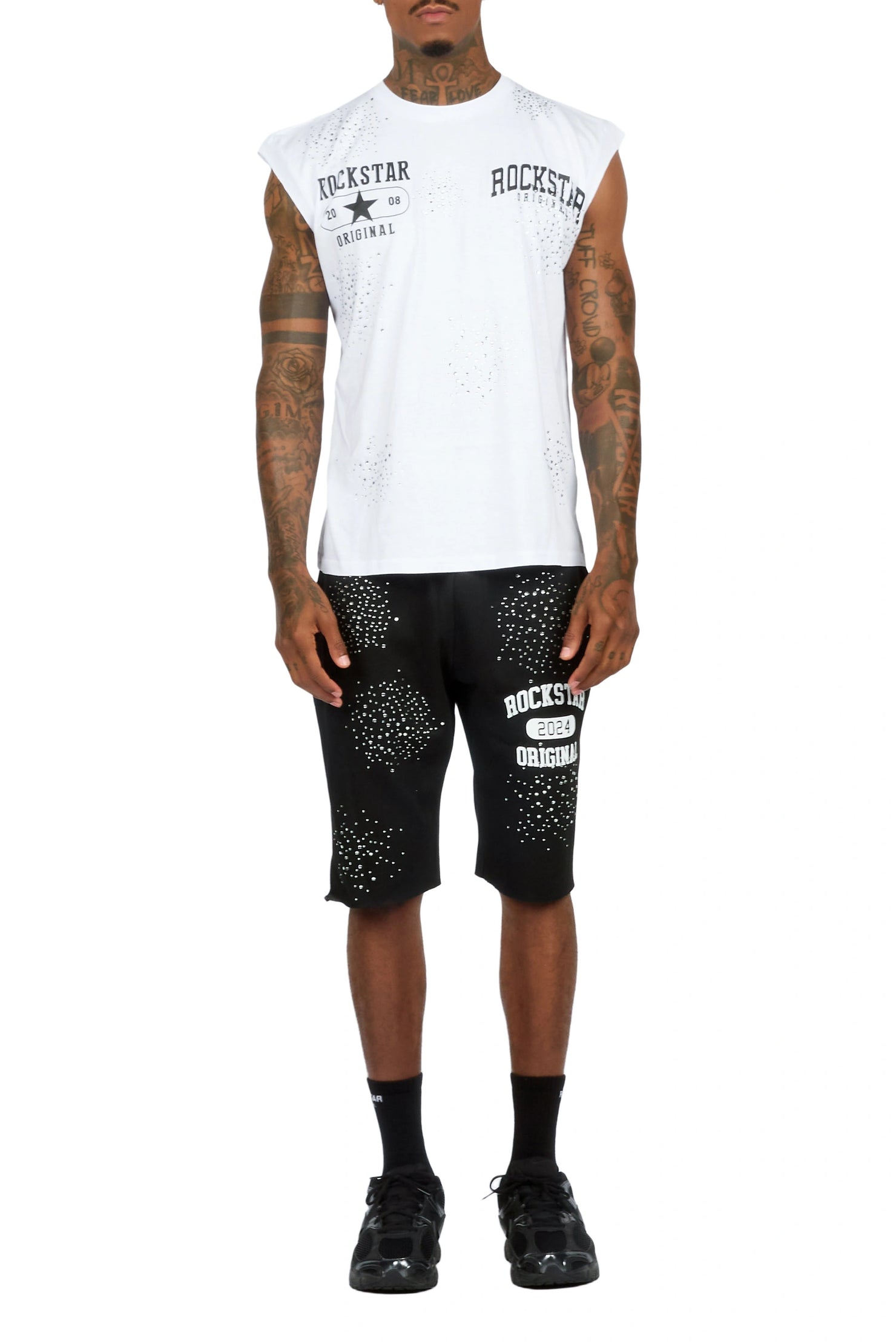 Gutta 2.0 White/Black Rhinestone Cut Sleeve T-Shirt/Short Set