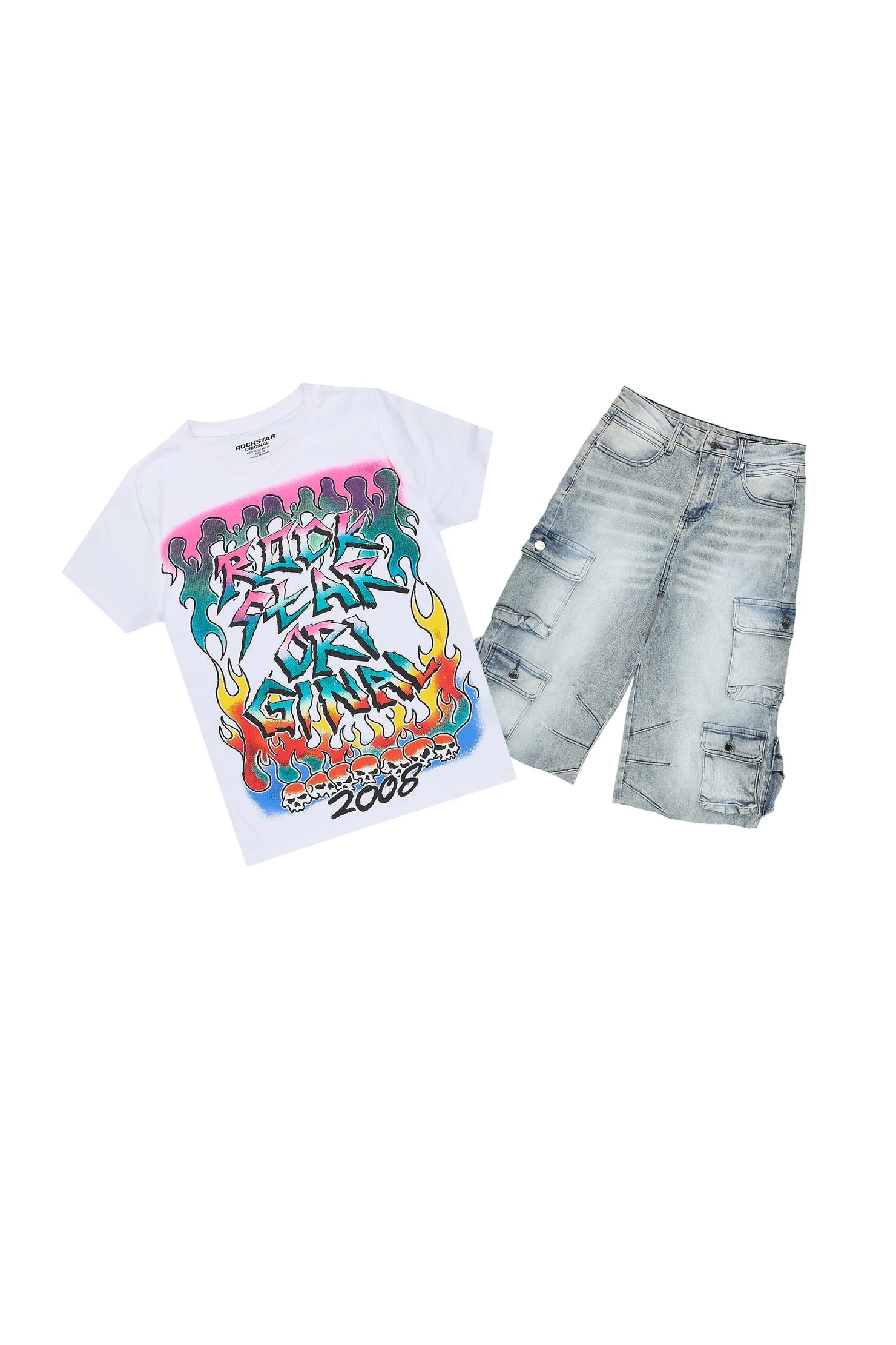 Boys Ebbe White/Blue T-Shirt Denim Short Set