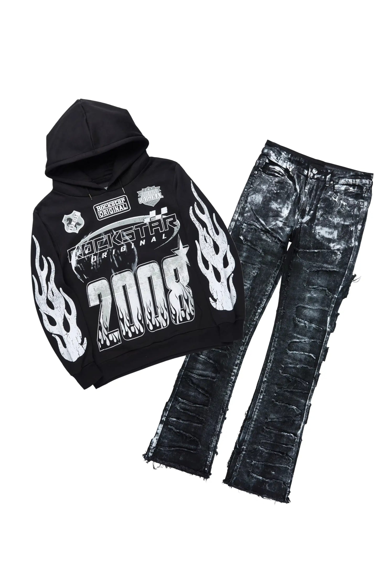Amos Black/Black Hoodie/Stacked Flare Jean Set
