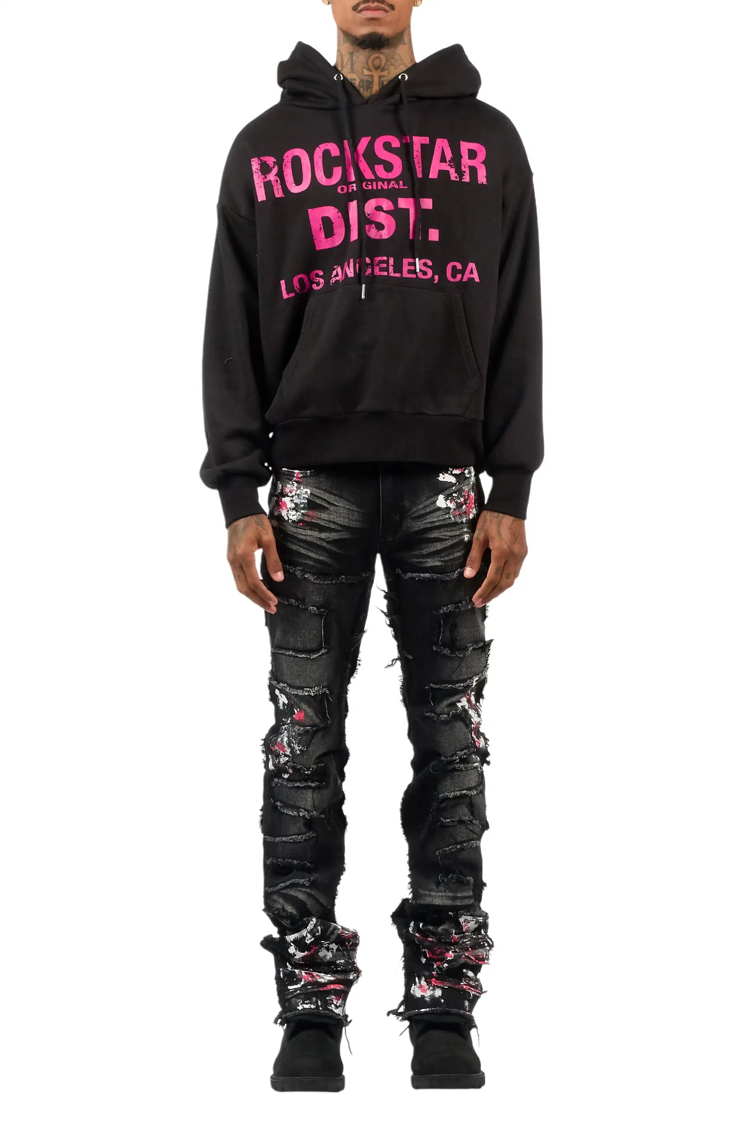 Saxon Pink/Black Hoodie/Stacked Flare Jean Set
