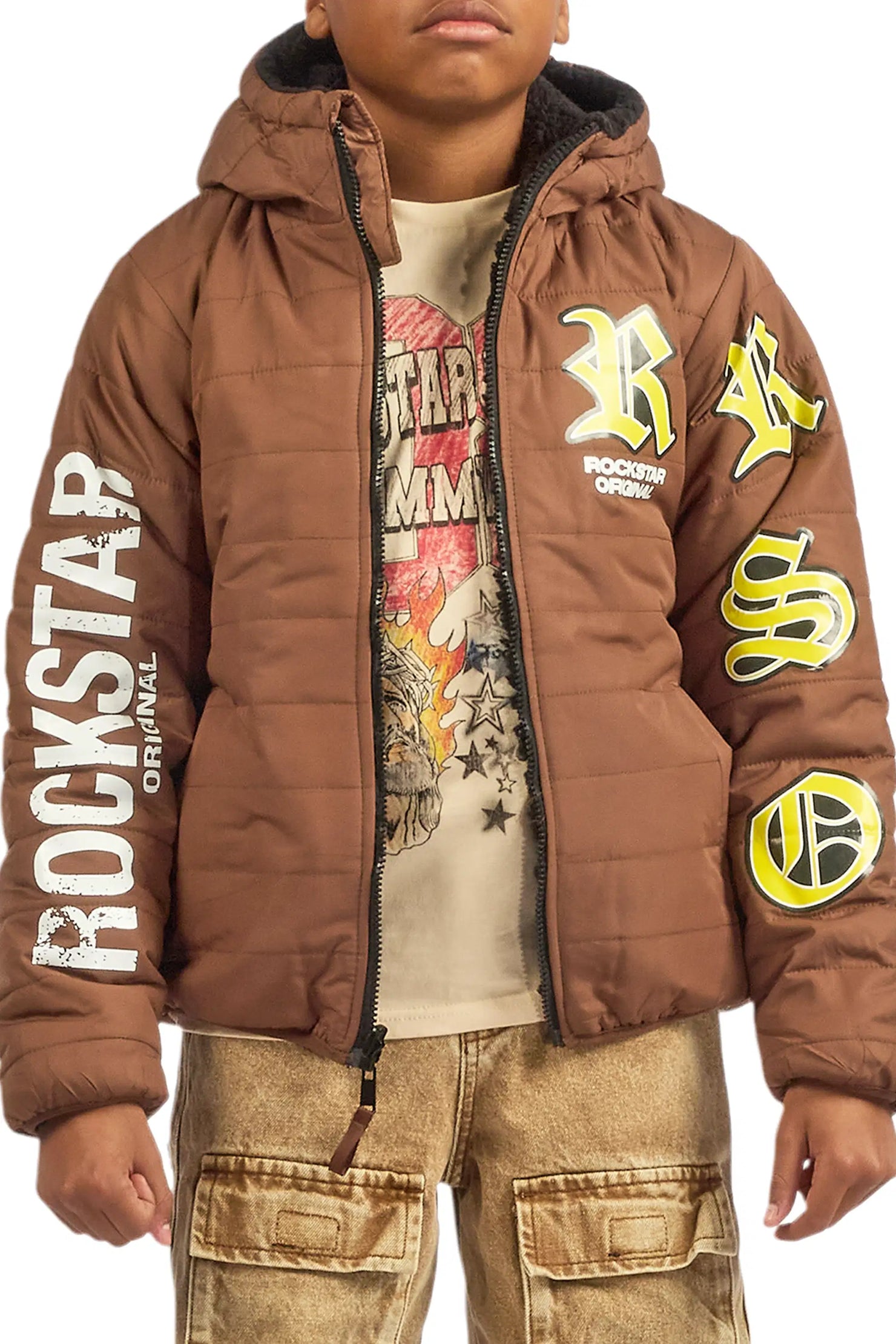 Boys Daegan Brown/Black Reversible Fur Puffer Jacket