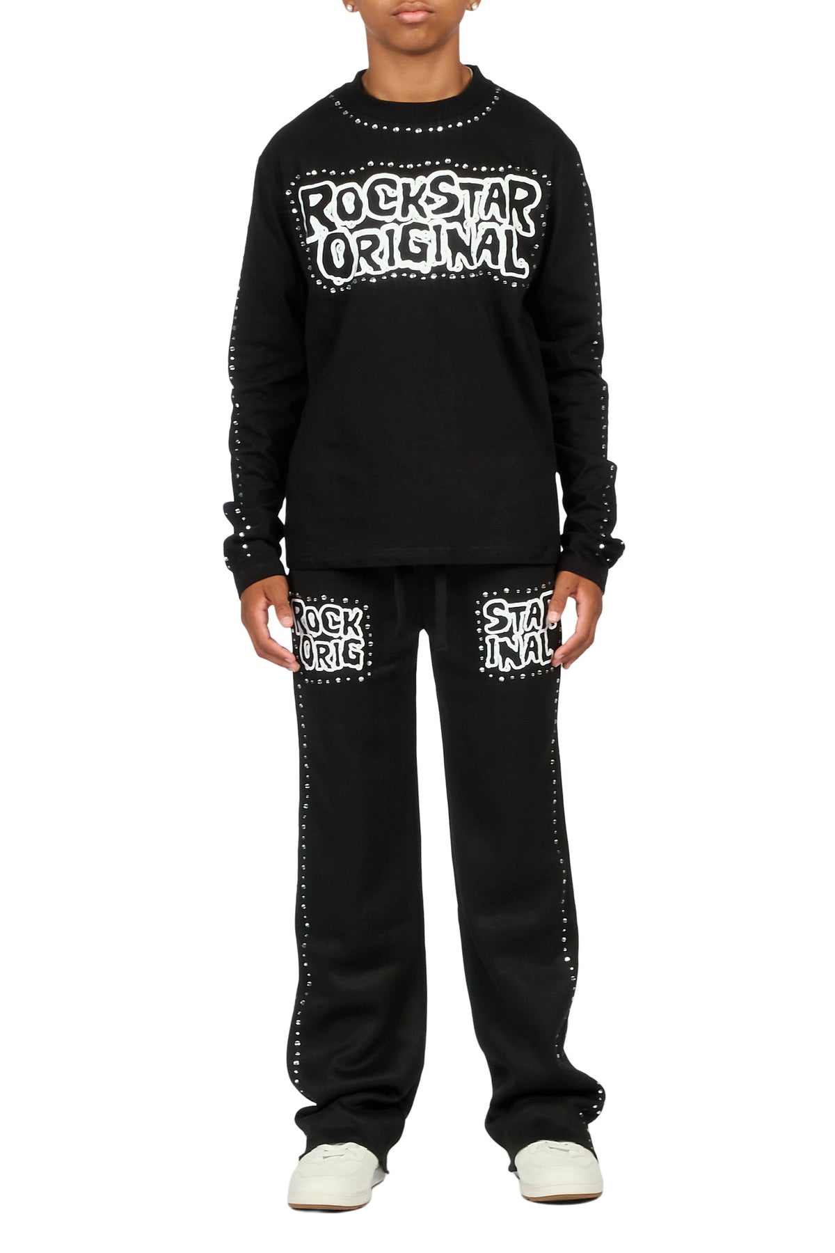Boys Marc Black Rhinestone Long Sleeve Shirt Relaxed Track Set