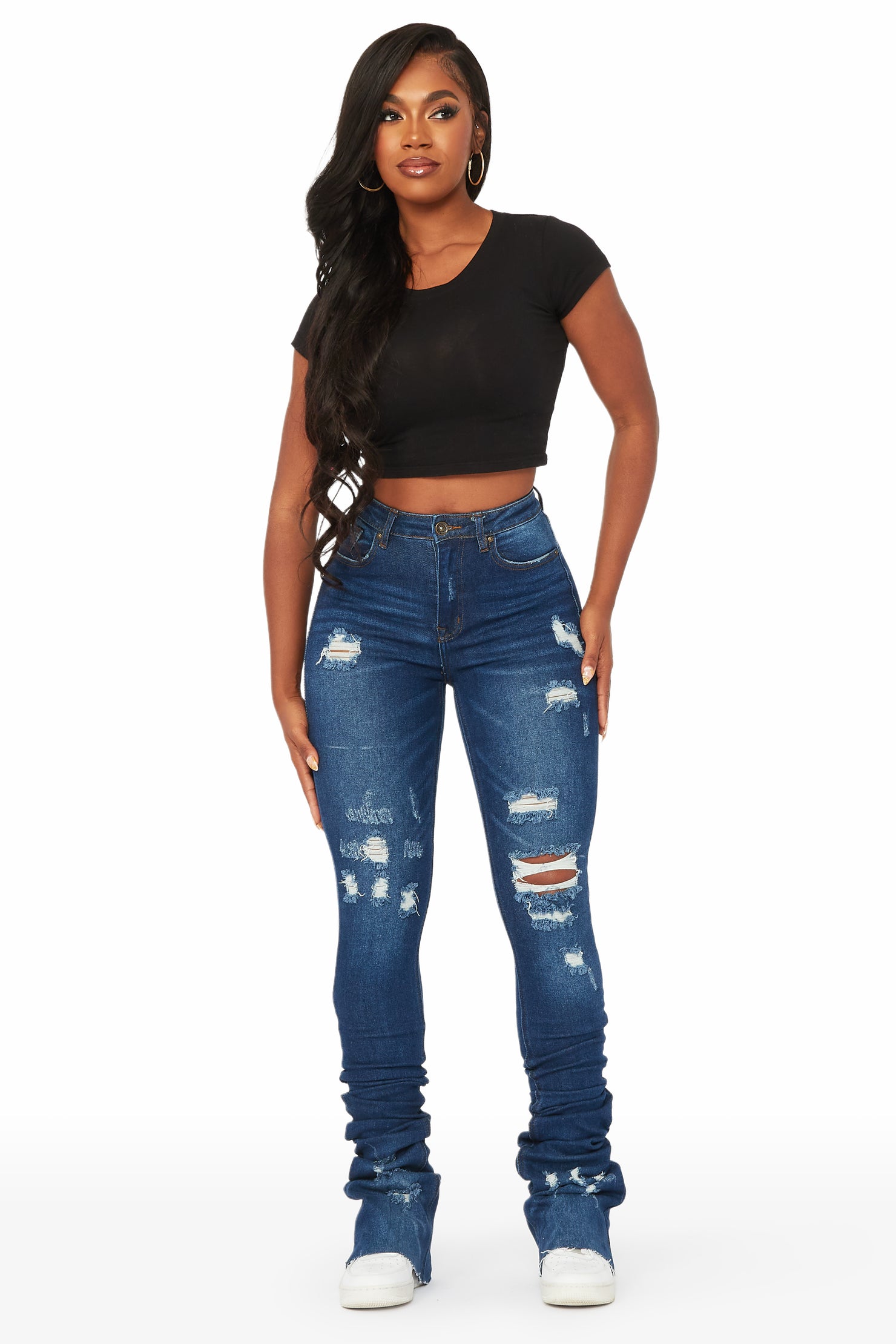 Samire Dark Wash Distressed Super Stacked Jean