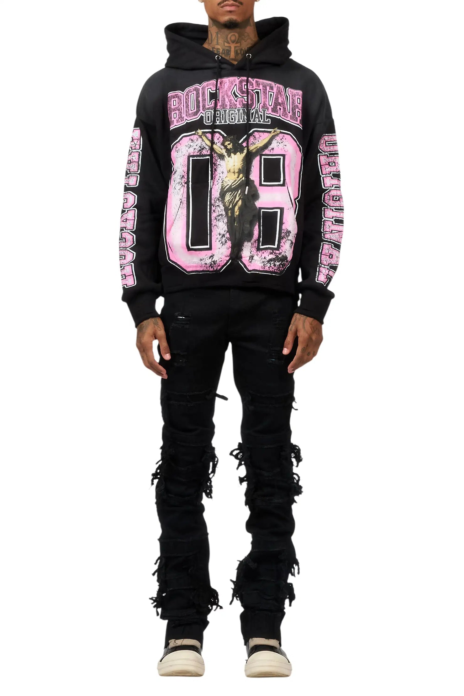 Fields Black Relaxed Hoodie & Vasco Jet Black Stacked Flare Jean Set