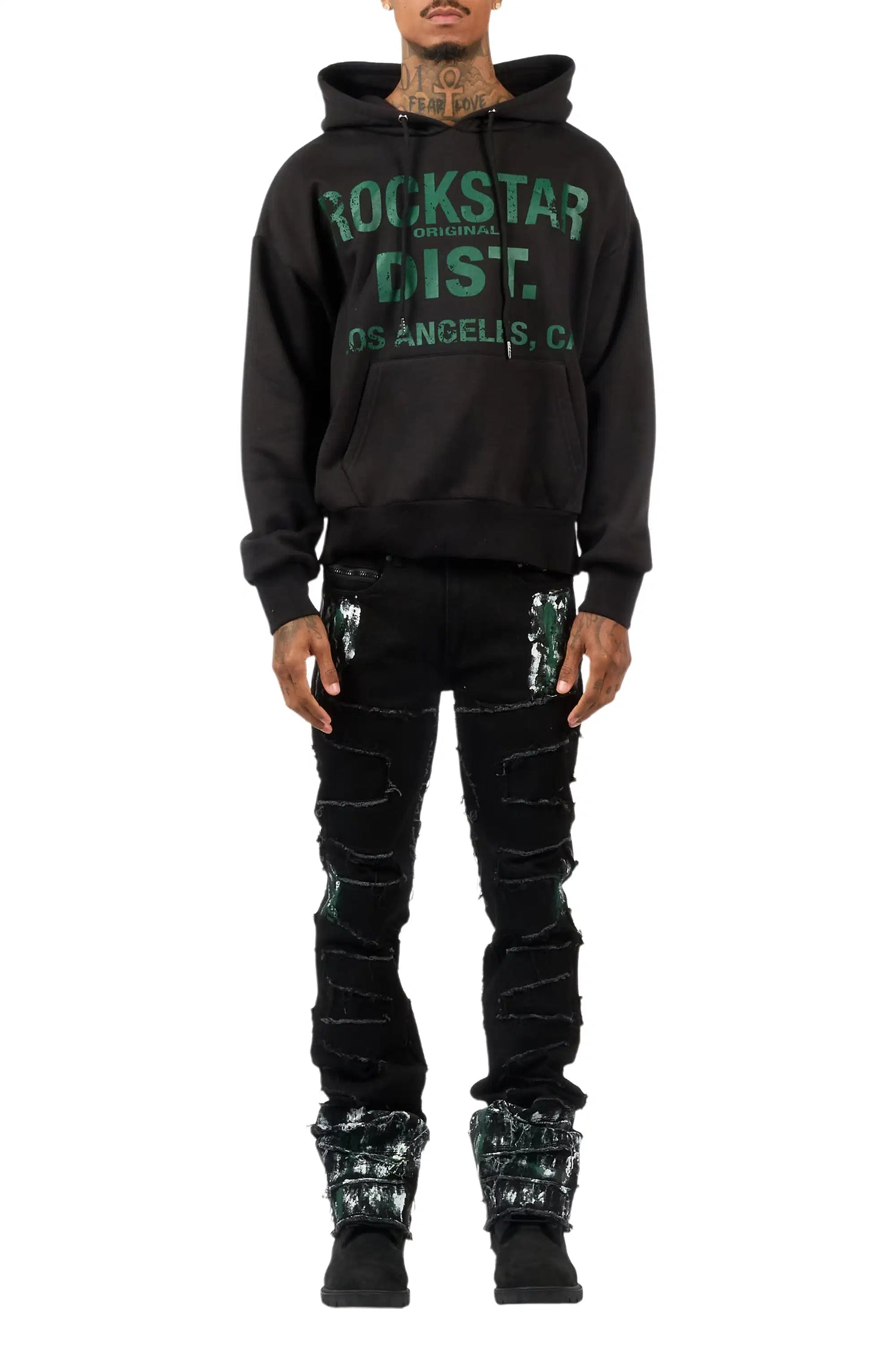 Saxon Black/Green Hoodie/Stacked Flare Jean Set