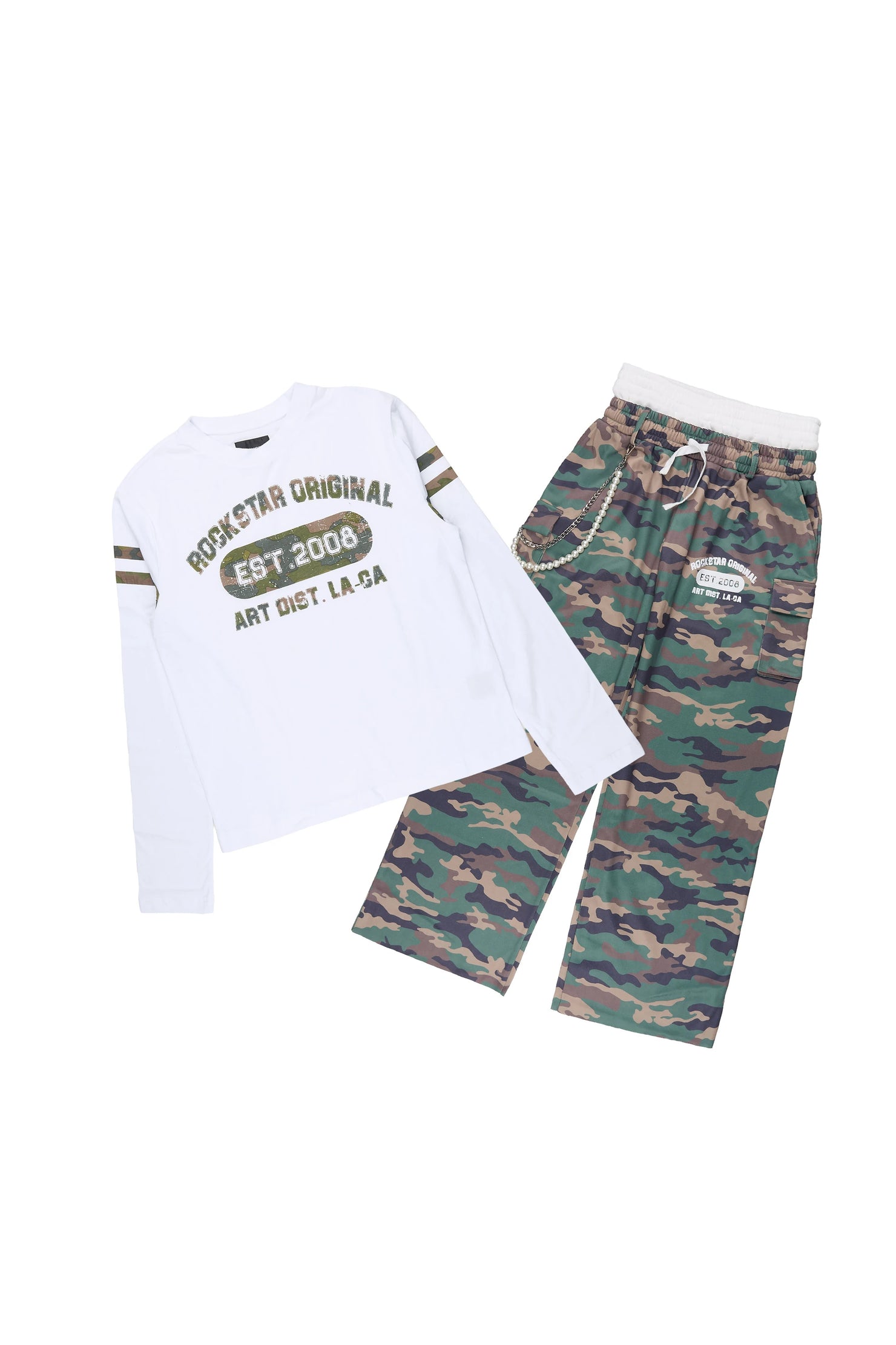 Boys Alexander White/Camo Long Sleeve Shirt Double Waisted Super Baggy Track Set