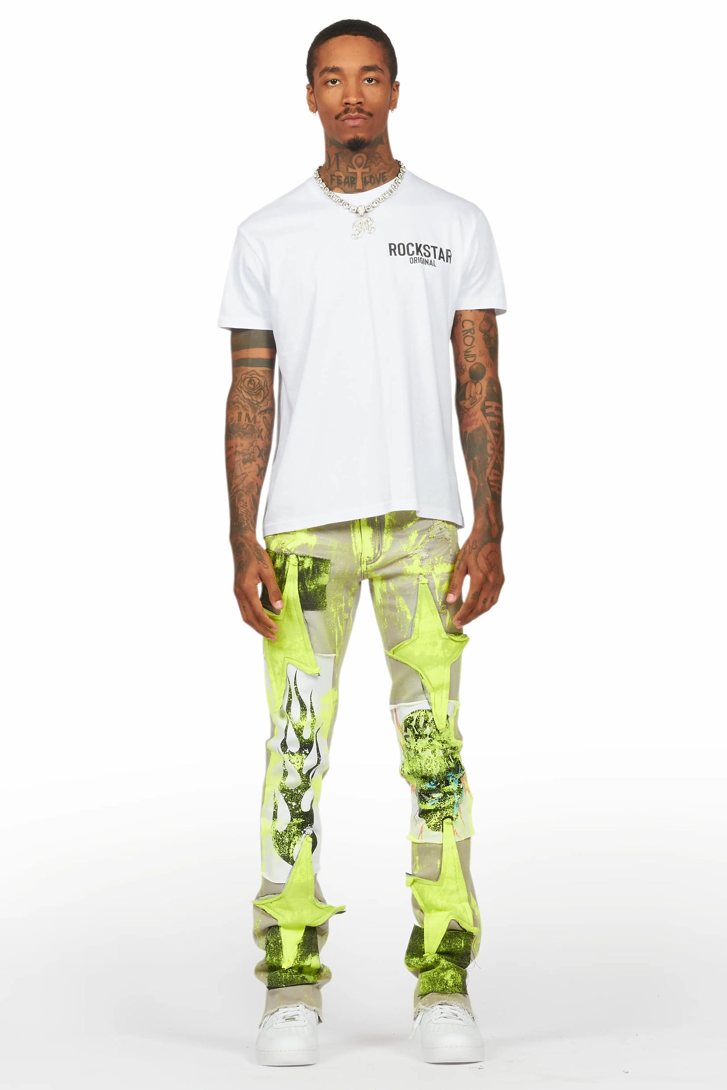 Edge Grey/Yellow Roller Paint Stacked Flare Jean