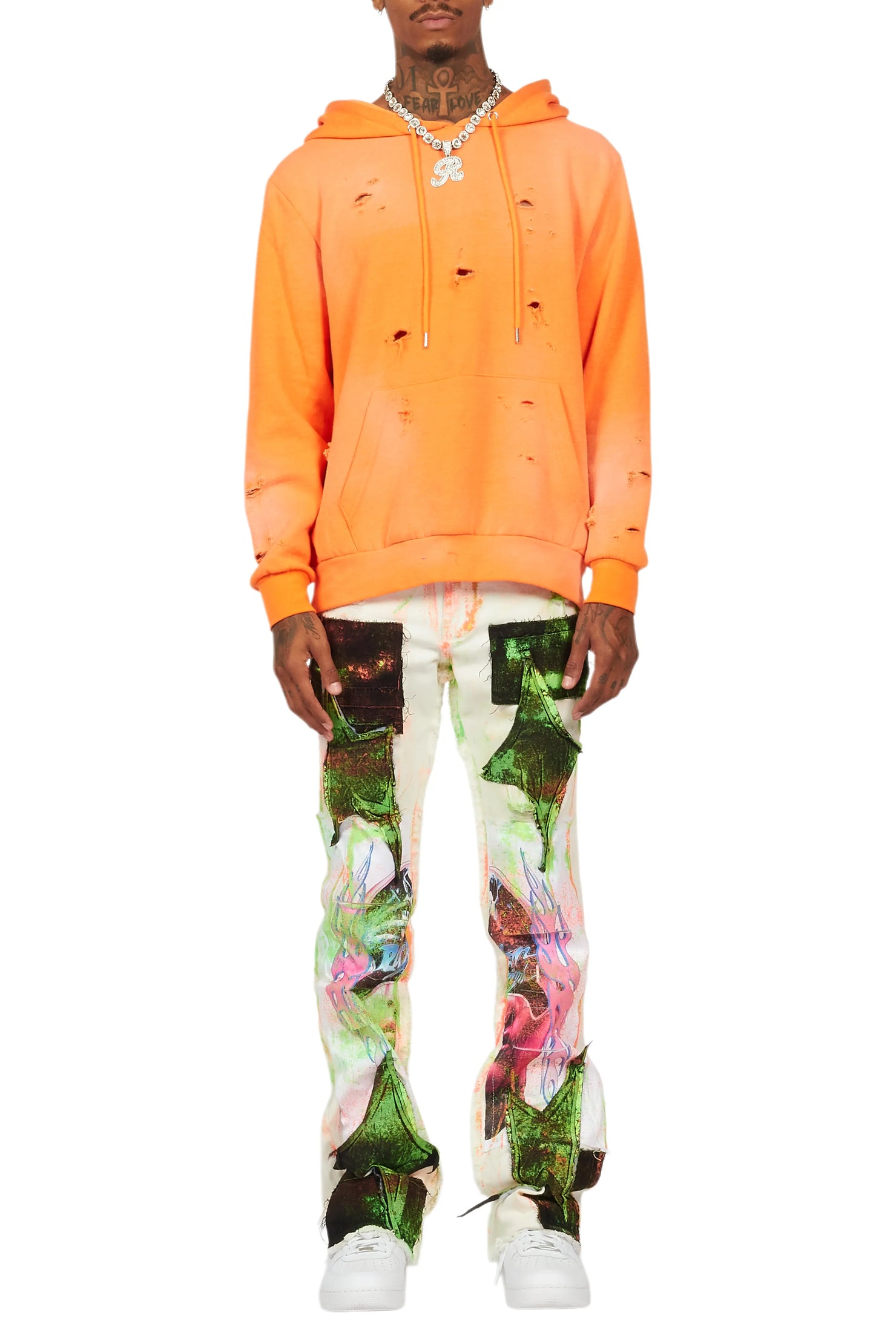 Helki Beige/Green Roller Paint Stacked Flare Jean