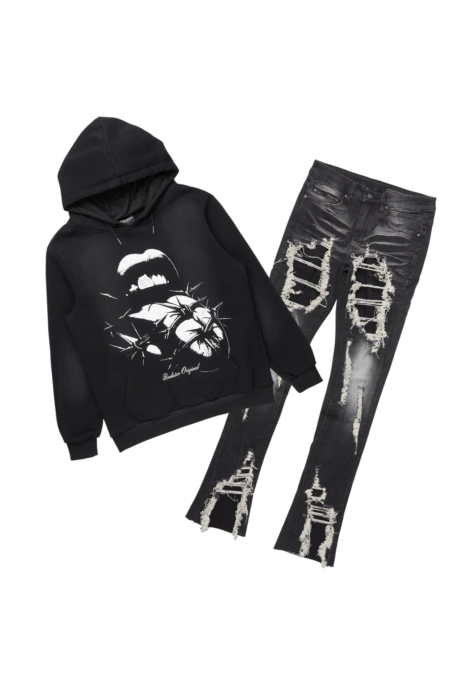 Schmear Black Hoodie & Fateh Stacked Jean Bundle