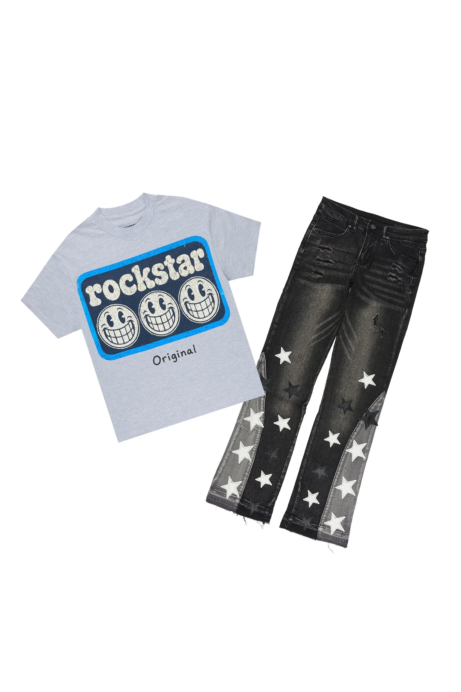 Girls Blarny Grey/Black T-Shirt Stacked Jean Set
