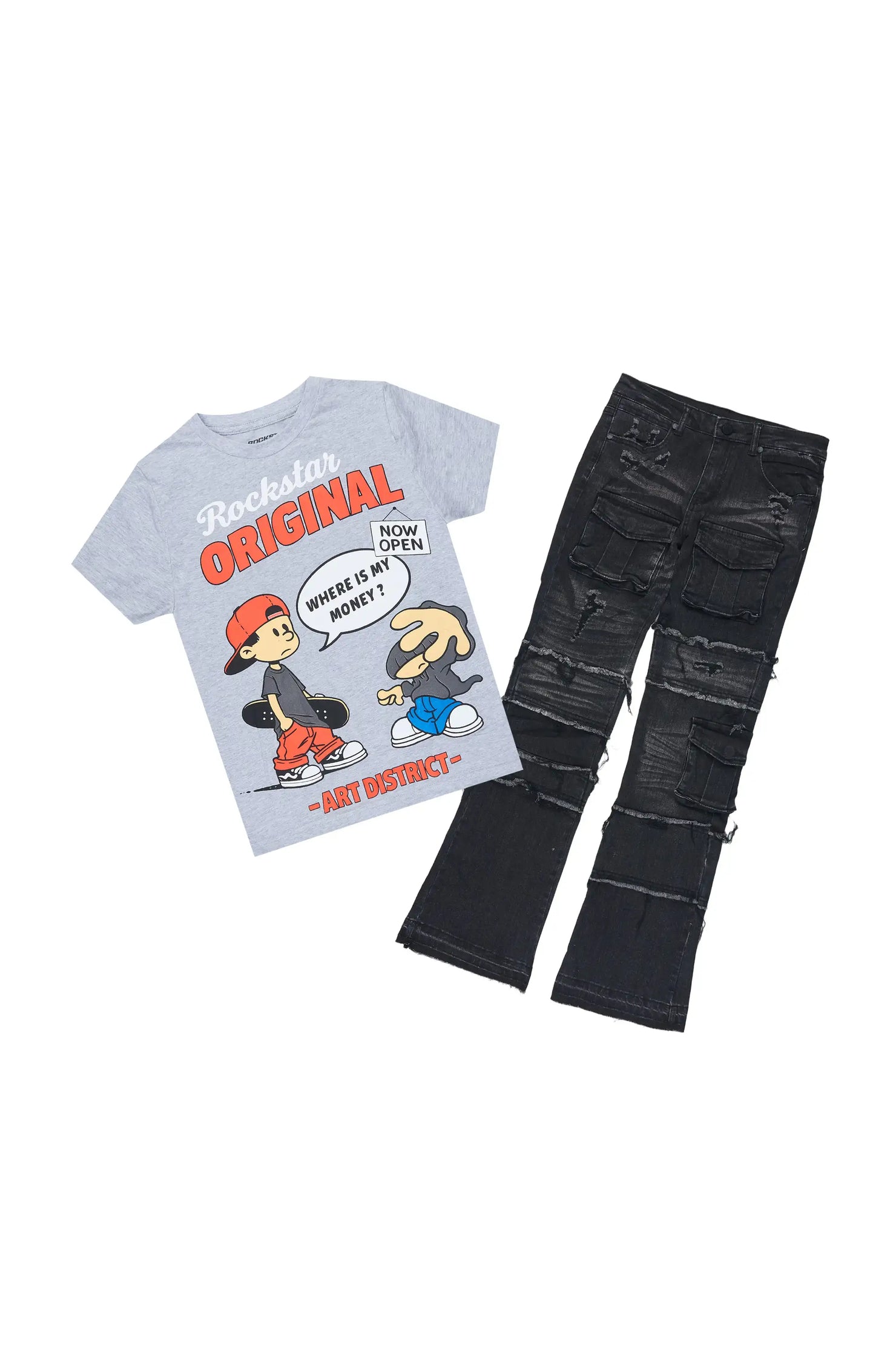 Boys Slade Grey/Black T-Shirt Stacked Jean Set