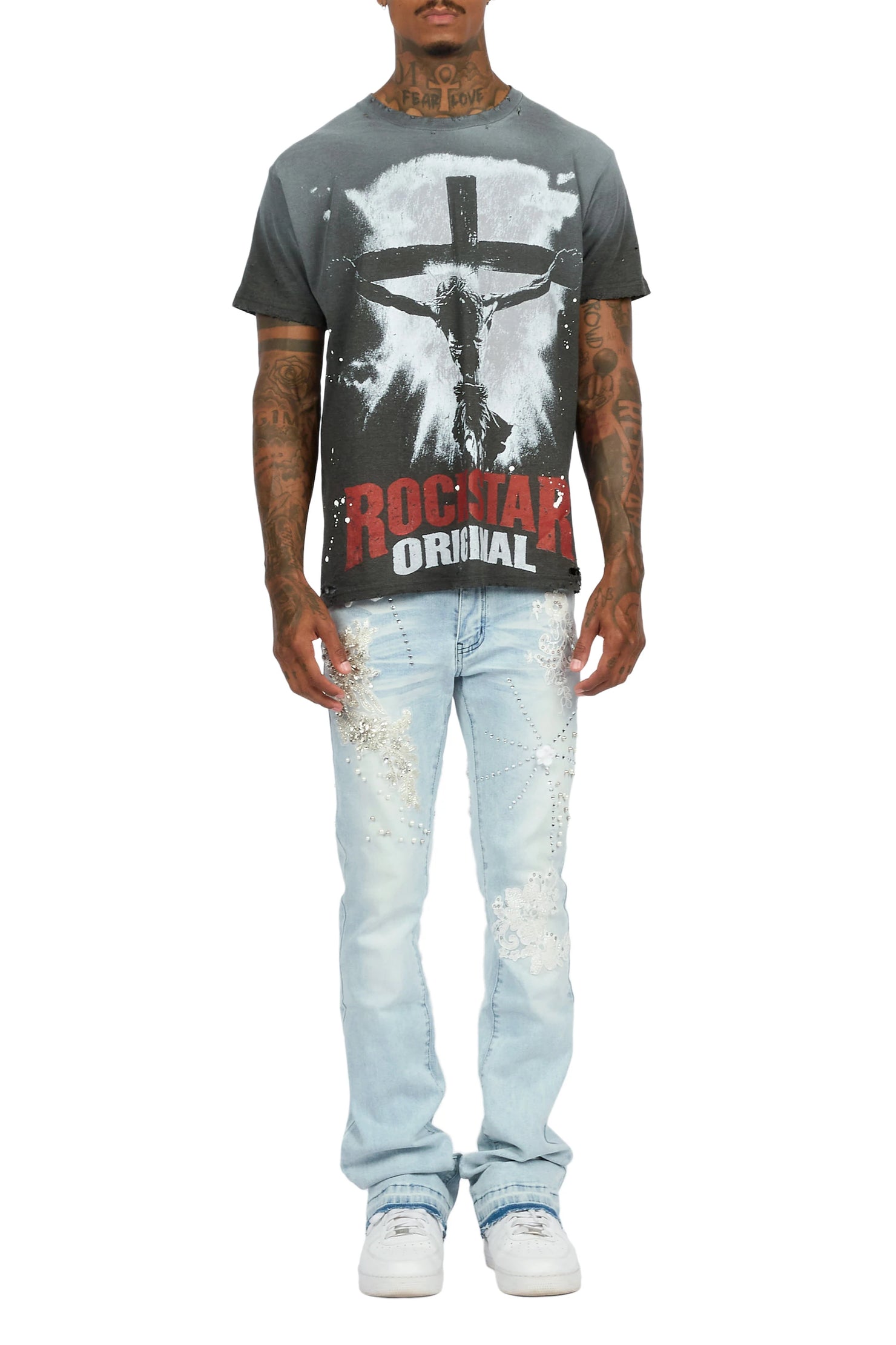 Yezen Light Blue Rhinestone Stacked Fit Jean