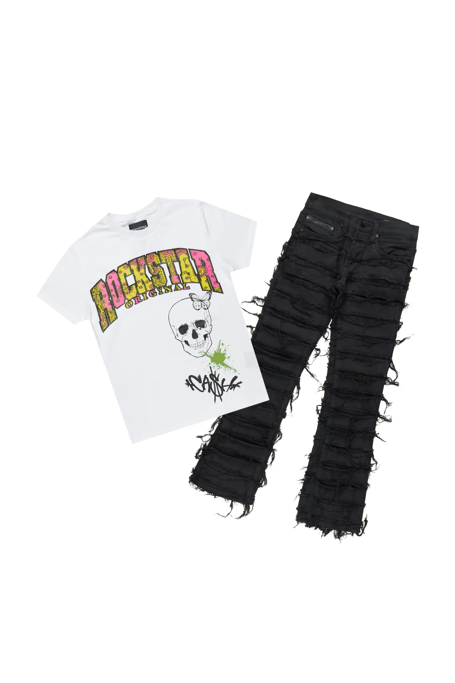 Girls Miah White/Black T-Shirt/Stacked Flare Jean Set