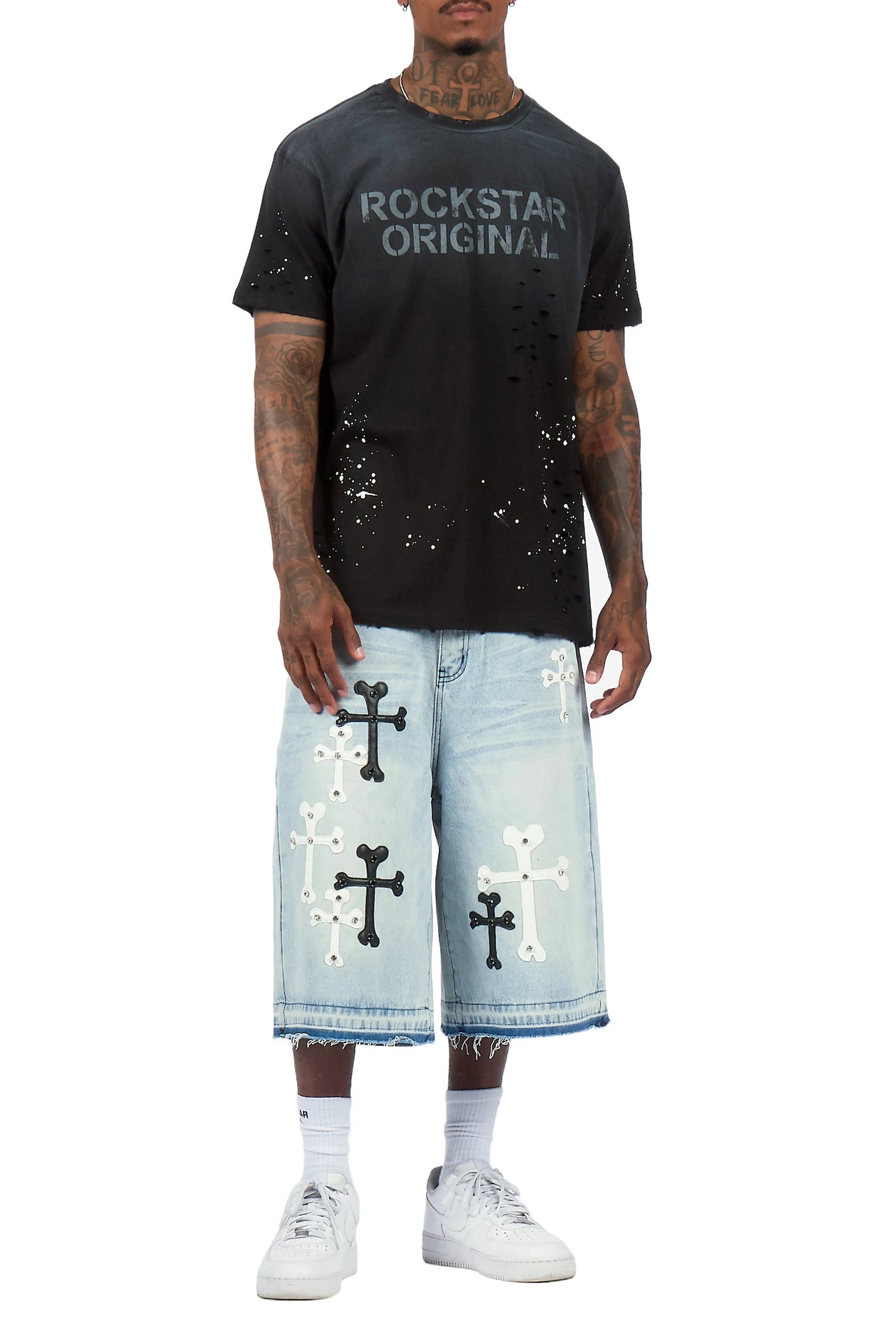 Olivier Light Blue Patch Rhinestone Denim Short