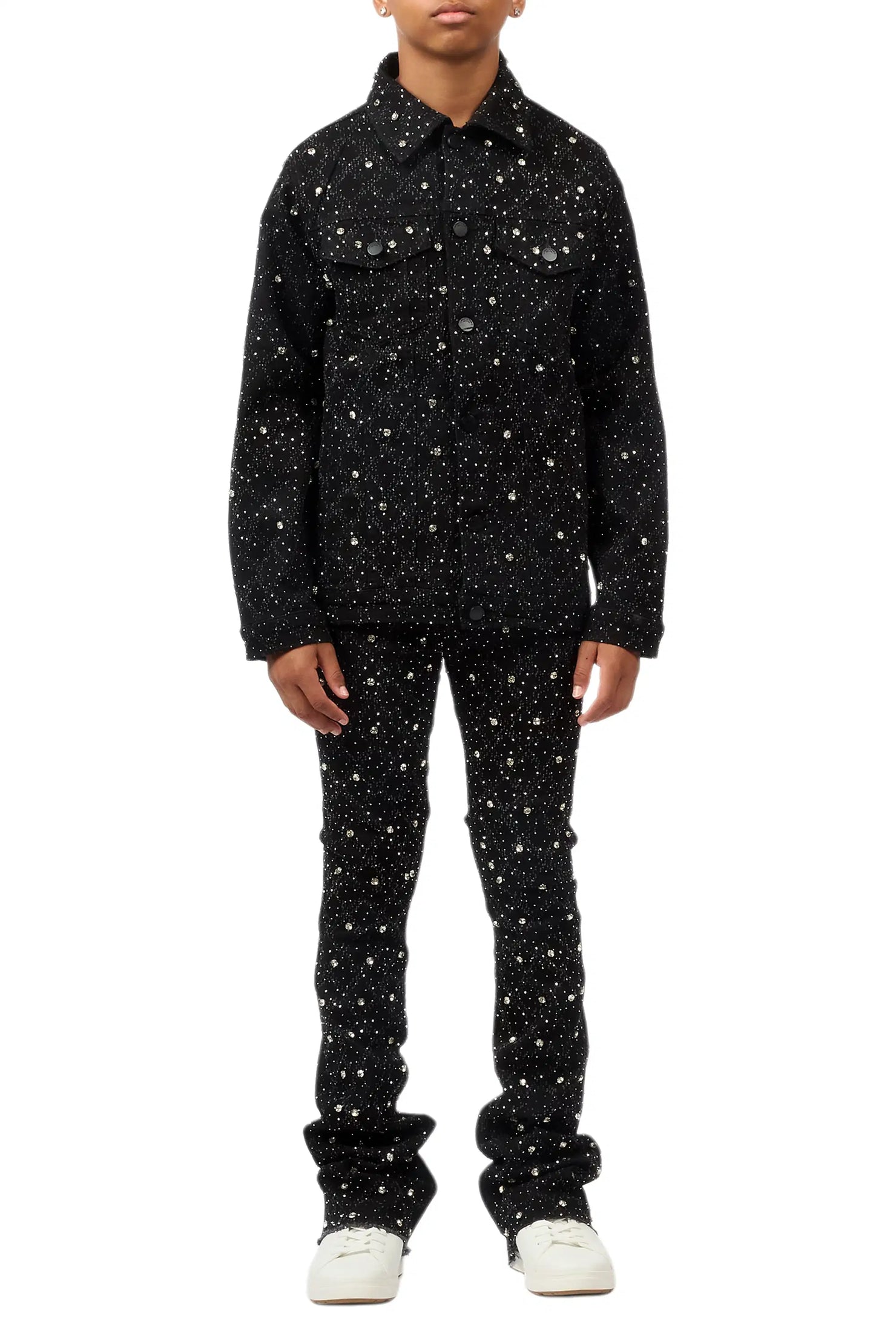 Boys Sareka Black Rhinestone Denim Jacket & Sareka Stacked Jean Set