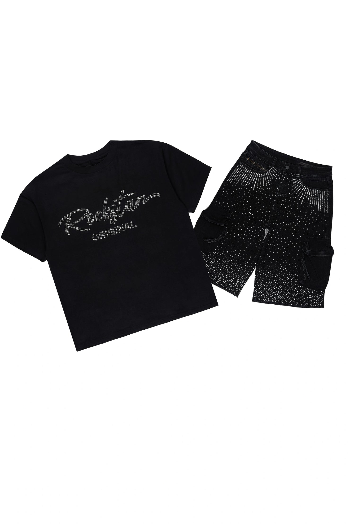 Keoni Black Rhinestone T-Shirt Denim Short Set