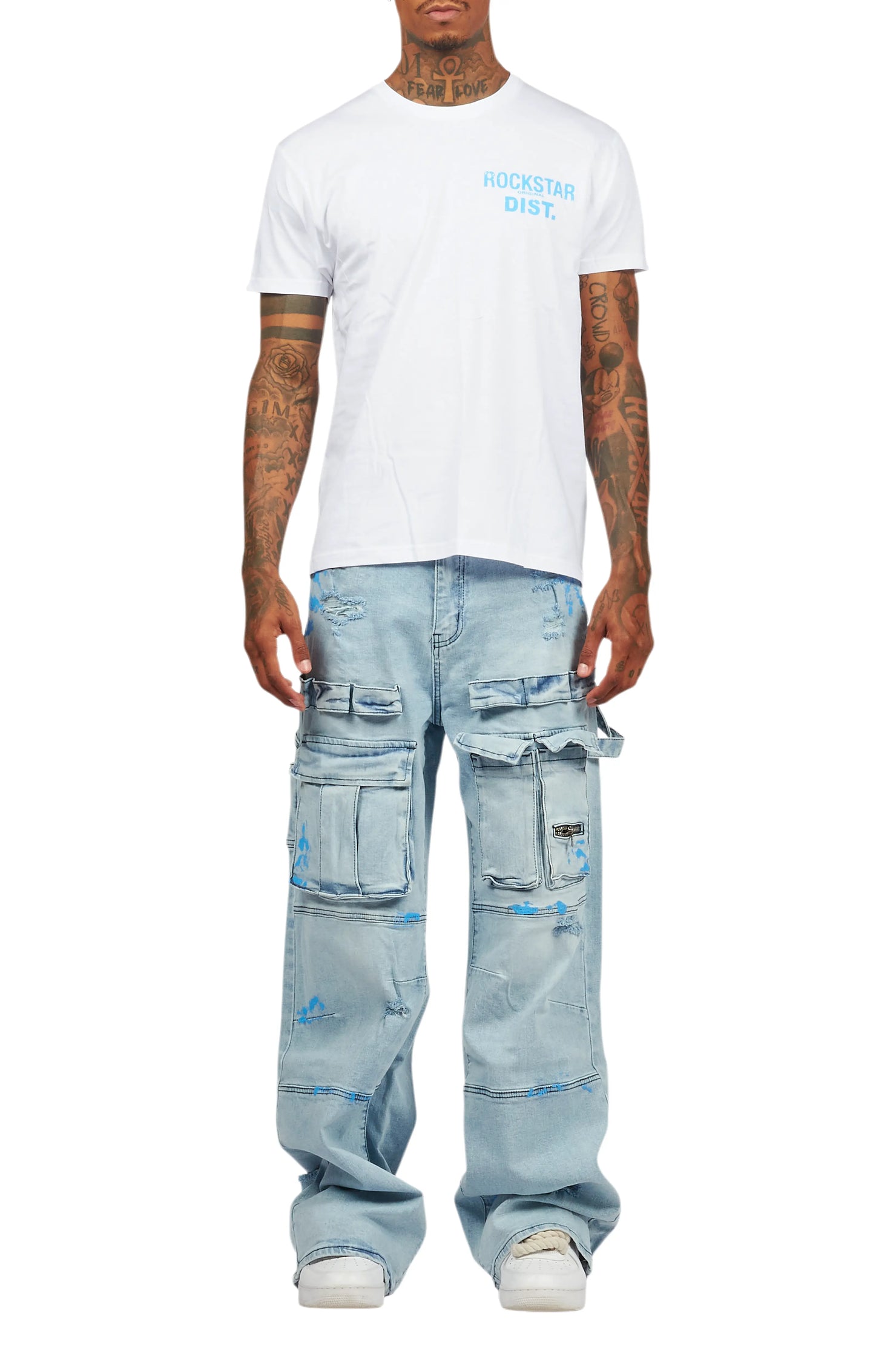 Lake White/Blue T-Shirt/Baggy Fit Cargo Jean Set
